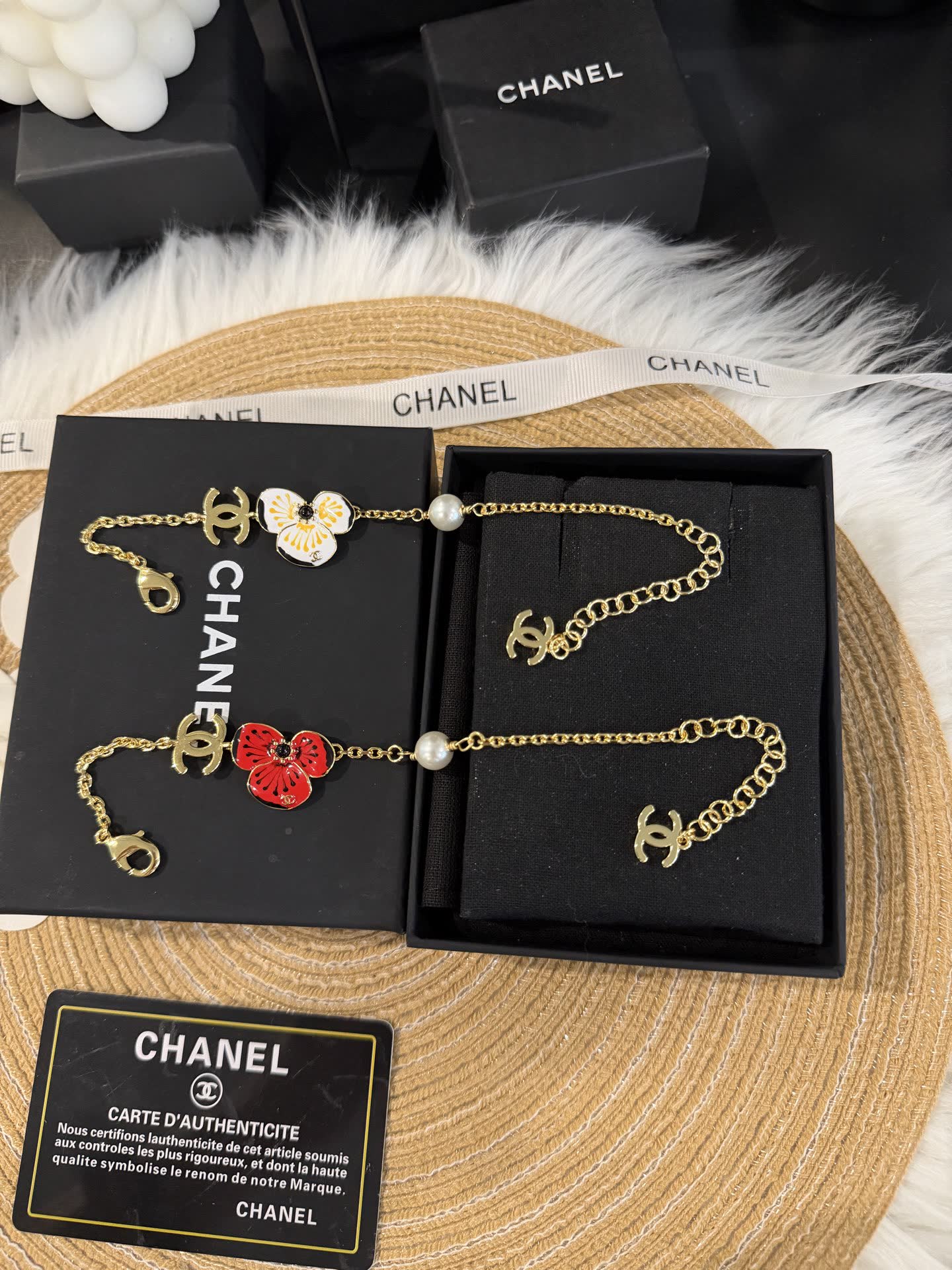 Chanel Gold Tone Bracelet with Enamel Flower and Pearl