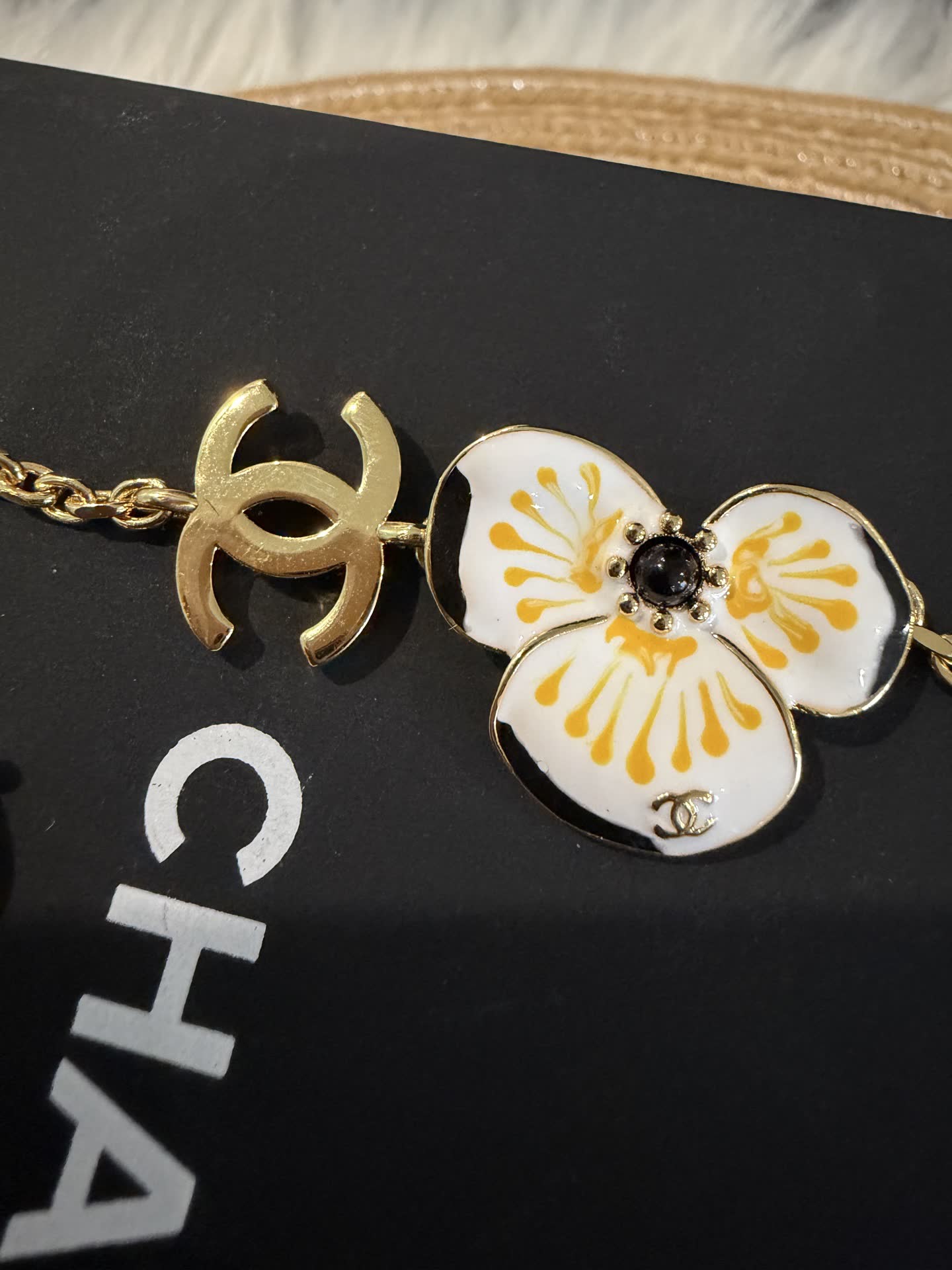 Chanel Gold Tone Bracelet with Enamel Flower and Pearl
