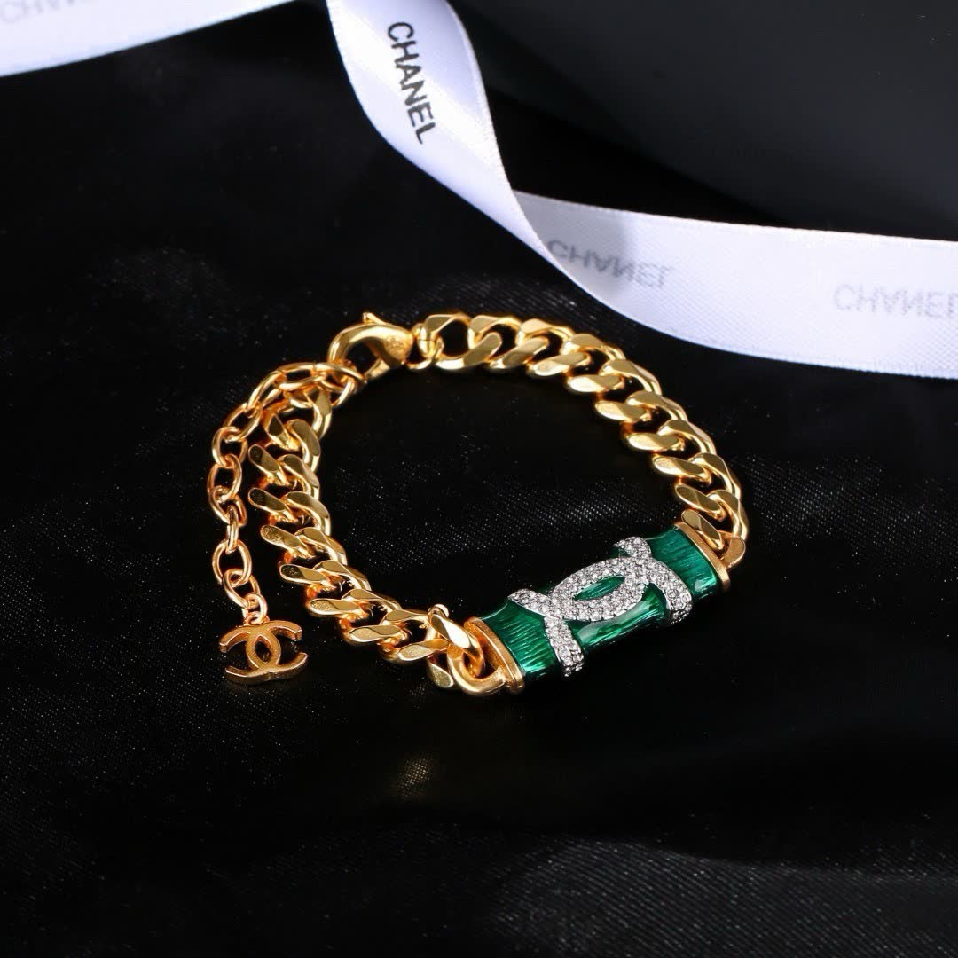 Chanel Gold Tone Bracelet with Green Enamel and Diamonds