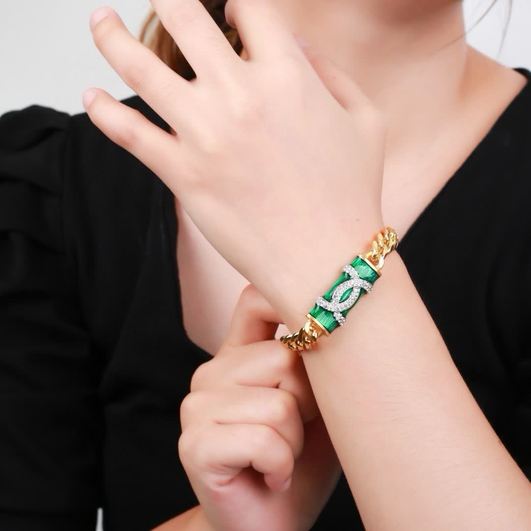 Chanel Gold Tone Bracelet with Green Enamel and Diamonds