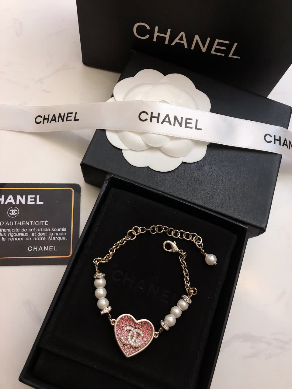 Chanel Pink Heart Bracelet with Pearls