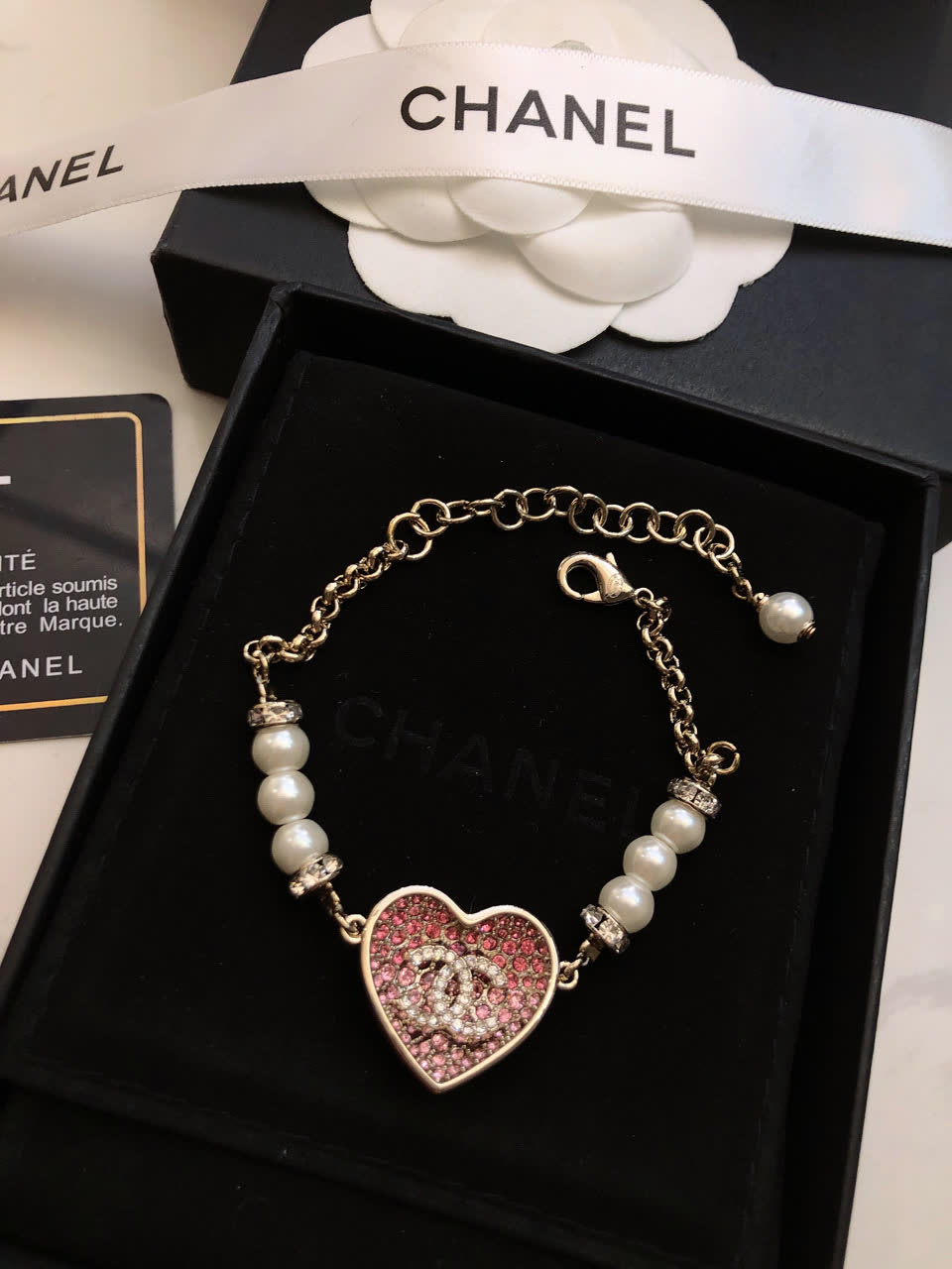Chanel Pink Heart Bracelet with Pearls