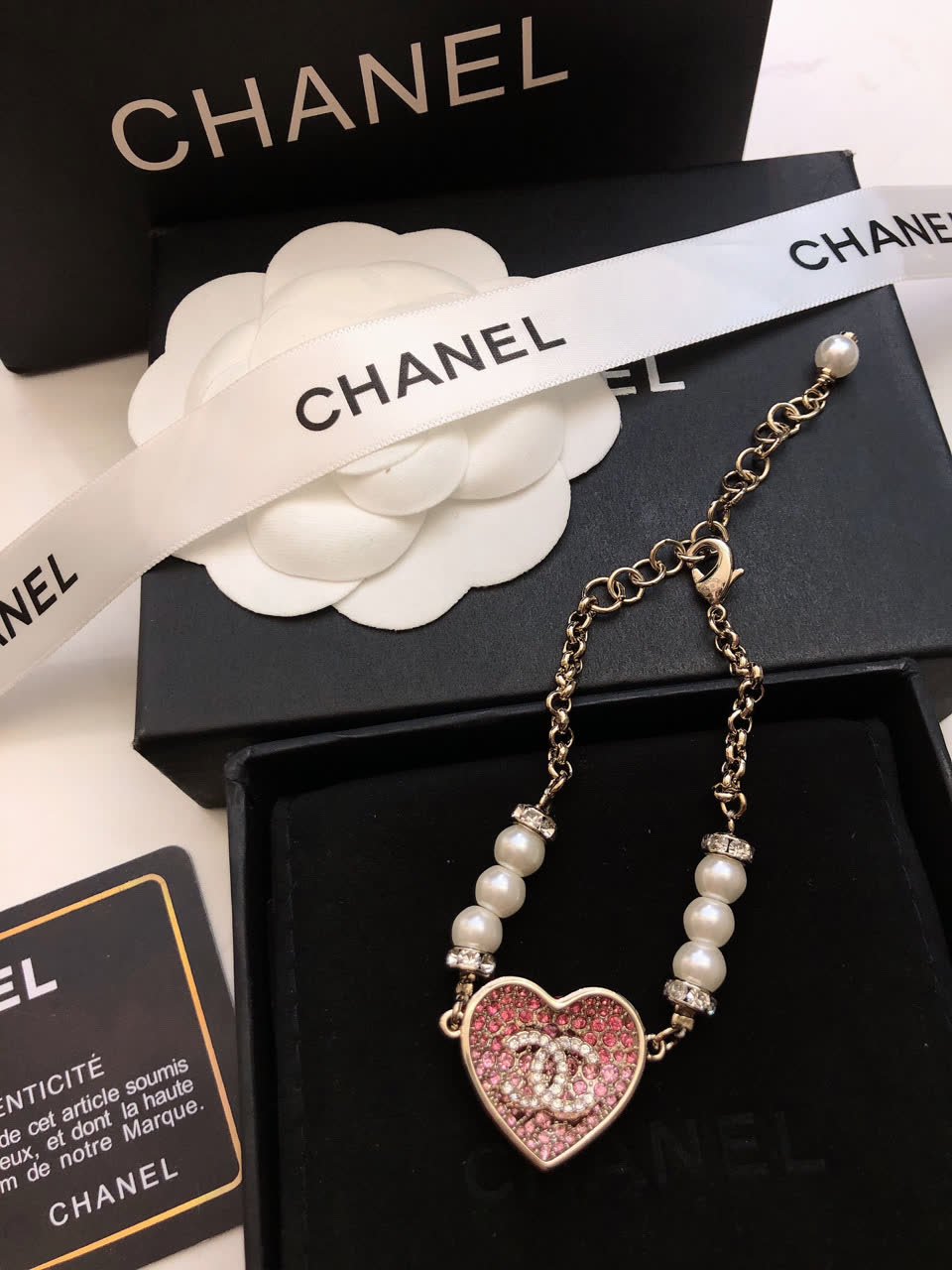 Chanel Pink Heart Bracelet with Pearls