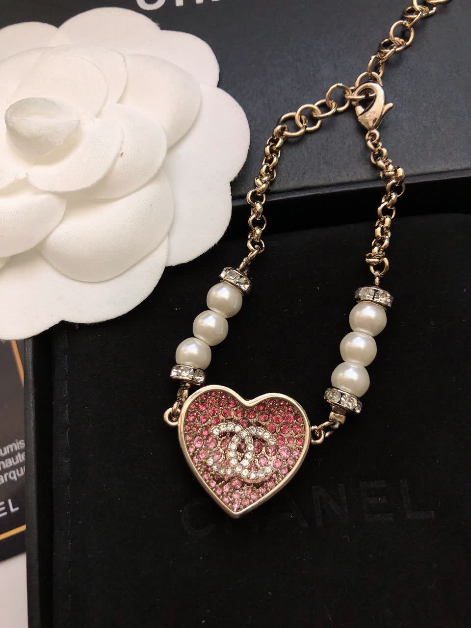 Chanel Pink Heart Bracelet with Pearls