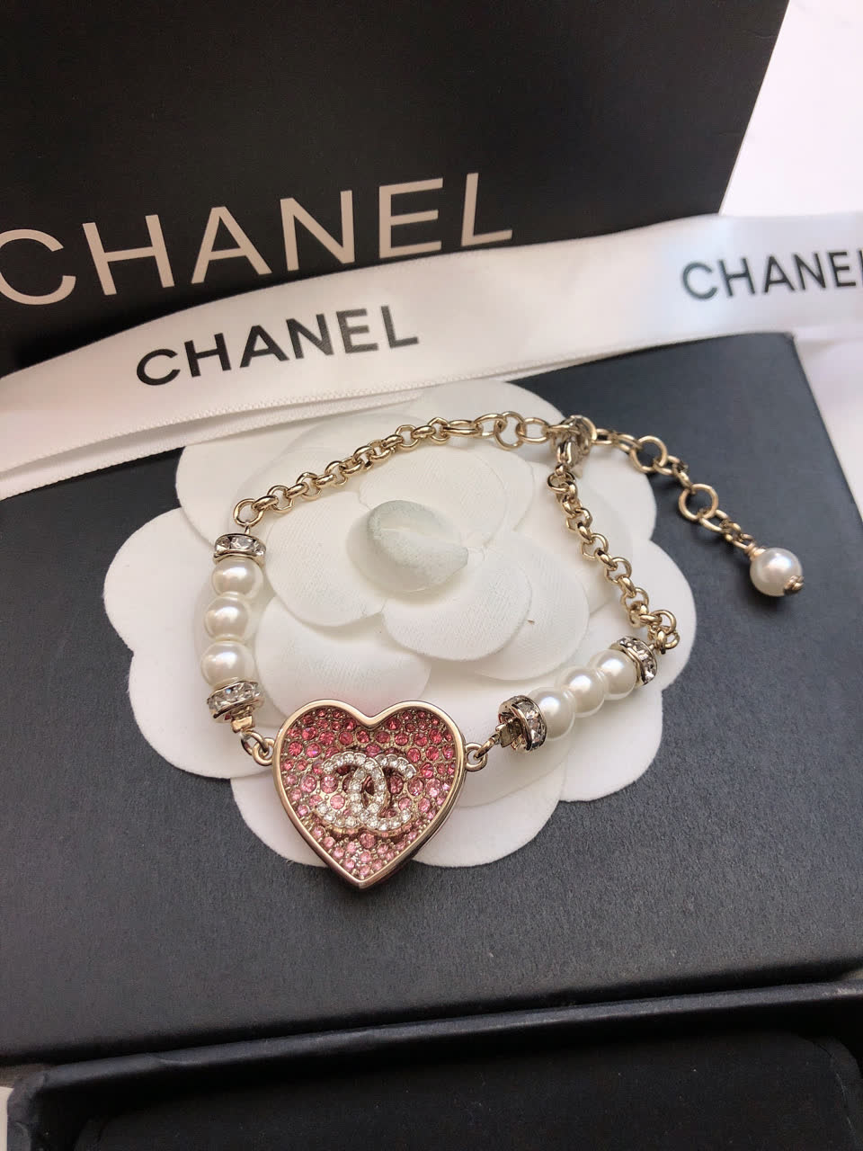 Chanel Pink Heart Bracelet with Pearls