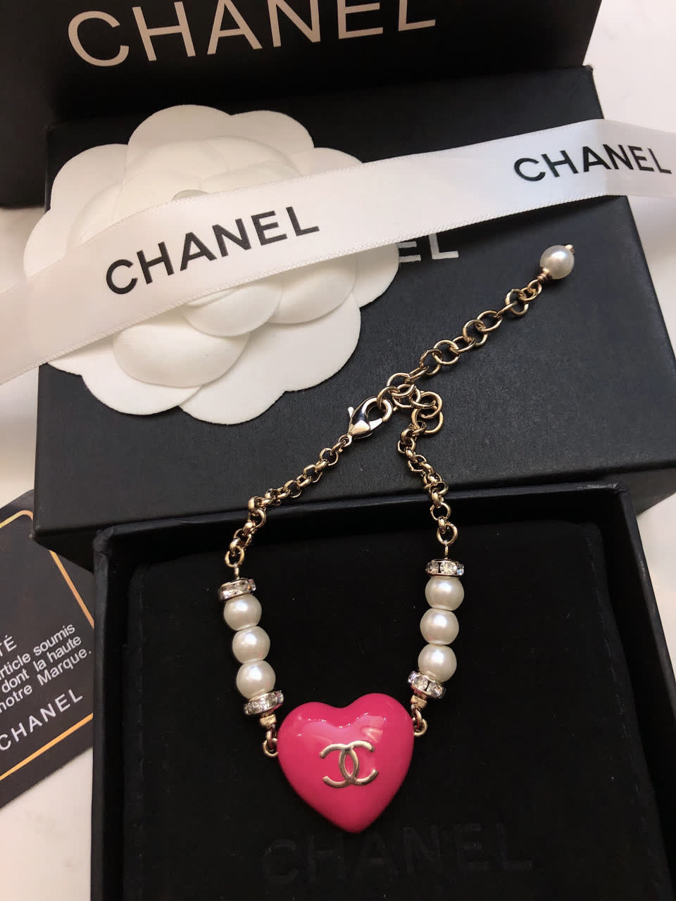 Chanel Pink Heart Bracelet with Pearls
