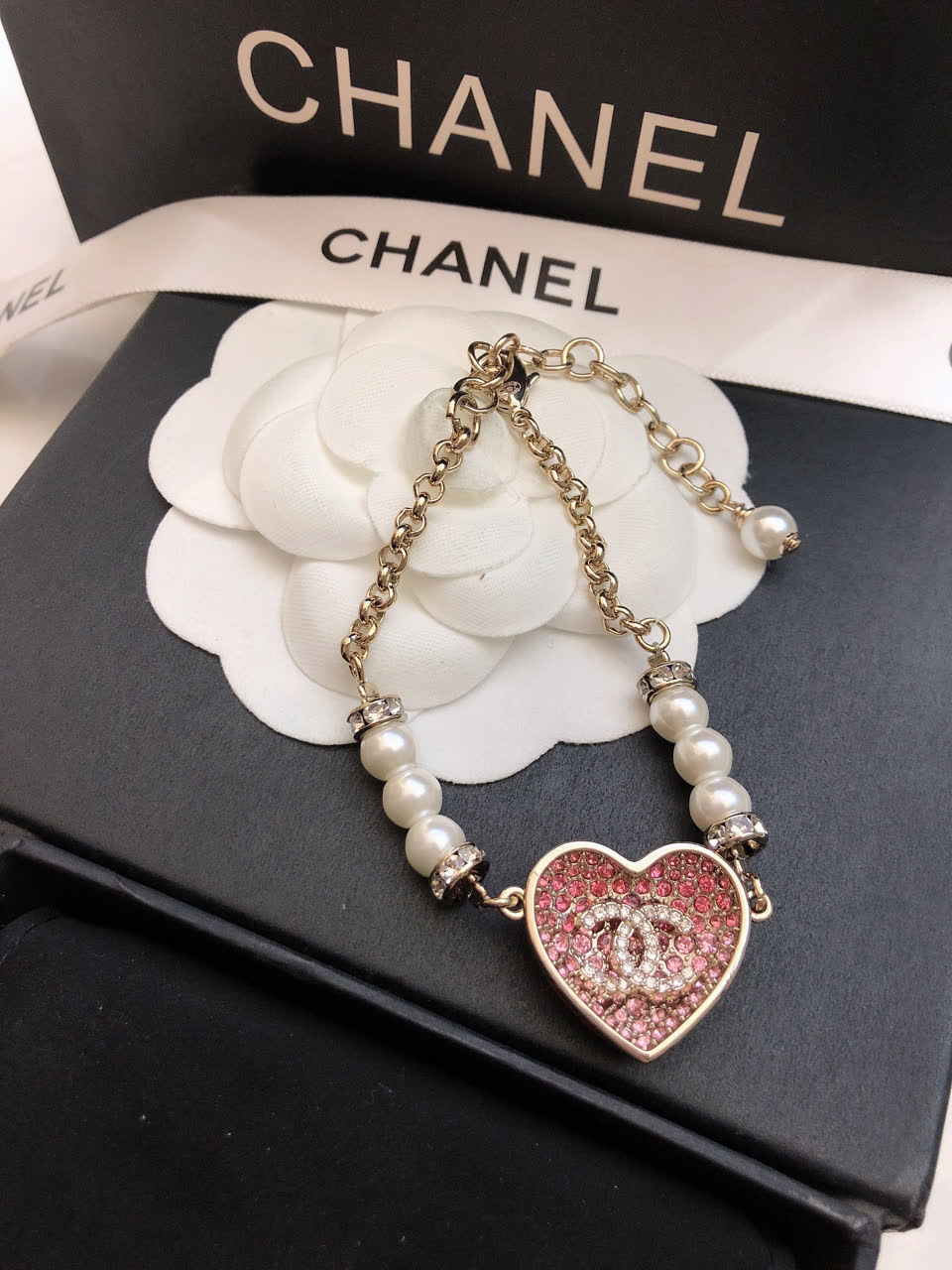 Chanel Pink Heart Bracelet with Pearls