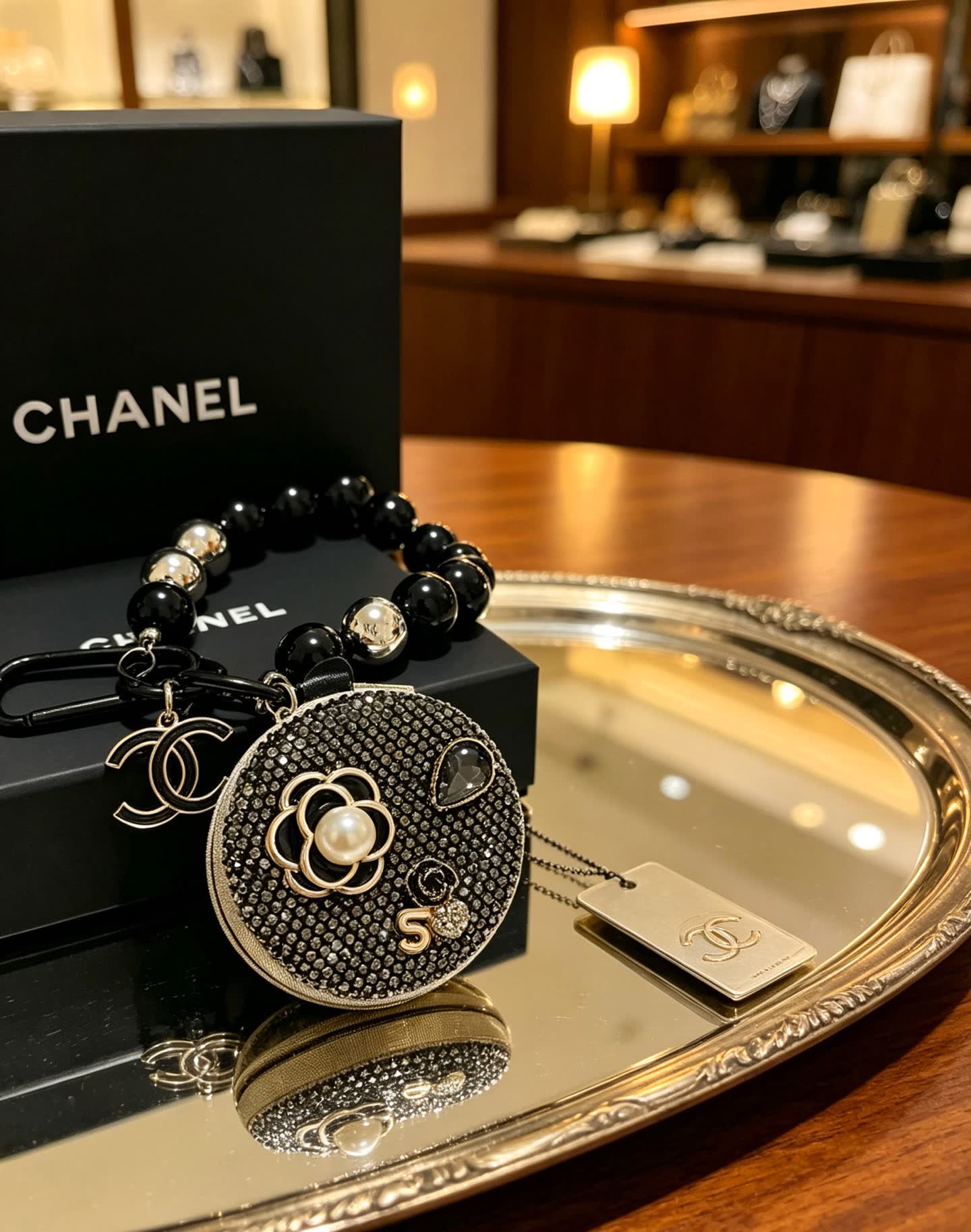 Chanel Black Beaded Bracelet with Crystal Flower Charm Chanel Black Beaded Bracelet with Crystal Flower Charm
