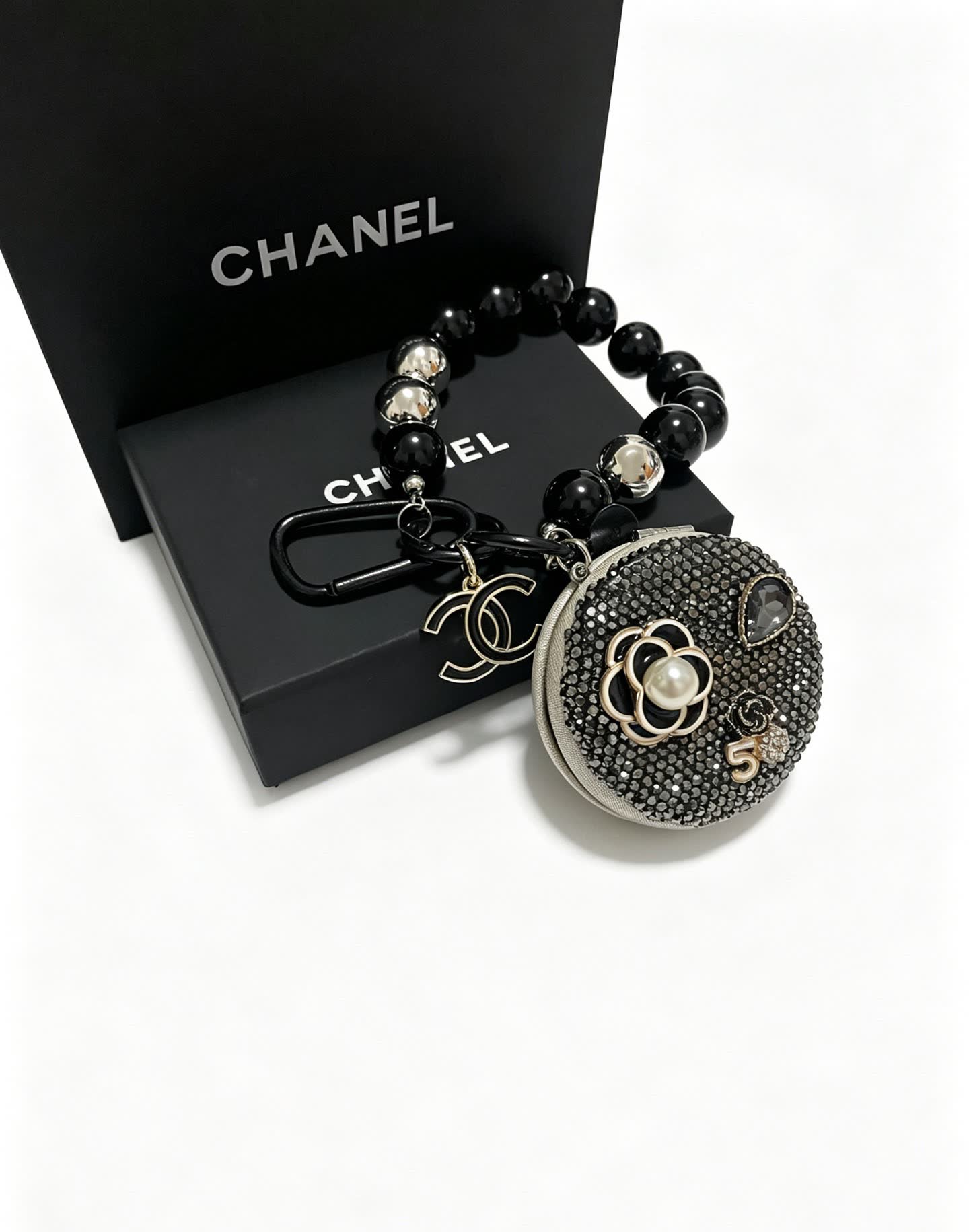 Chanel Black Beaded Bracelet with Crystal Flower Charm