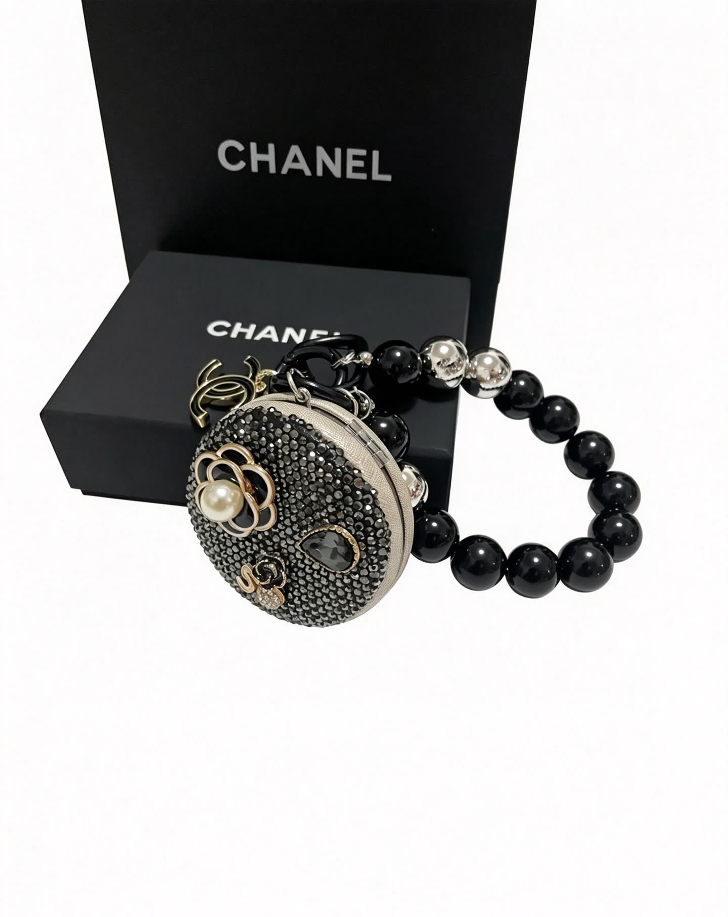 Chanel Black Beaded Bracelet with Crystal Flower Charm