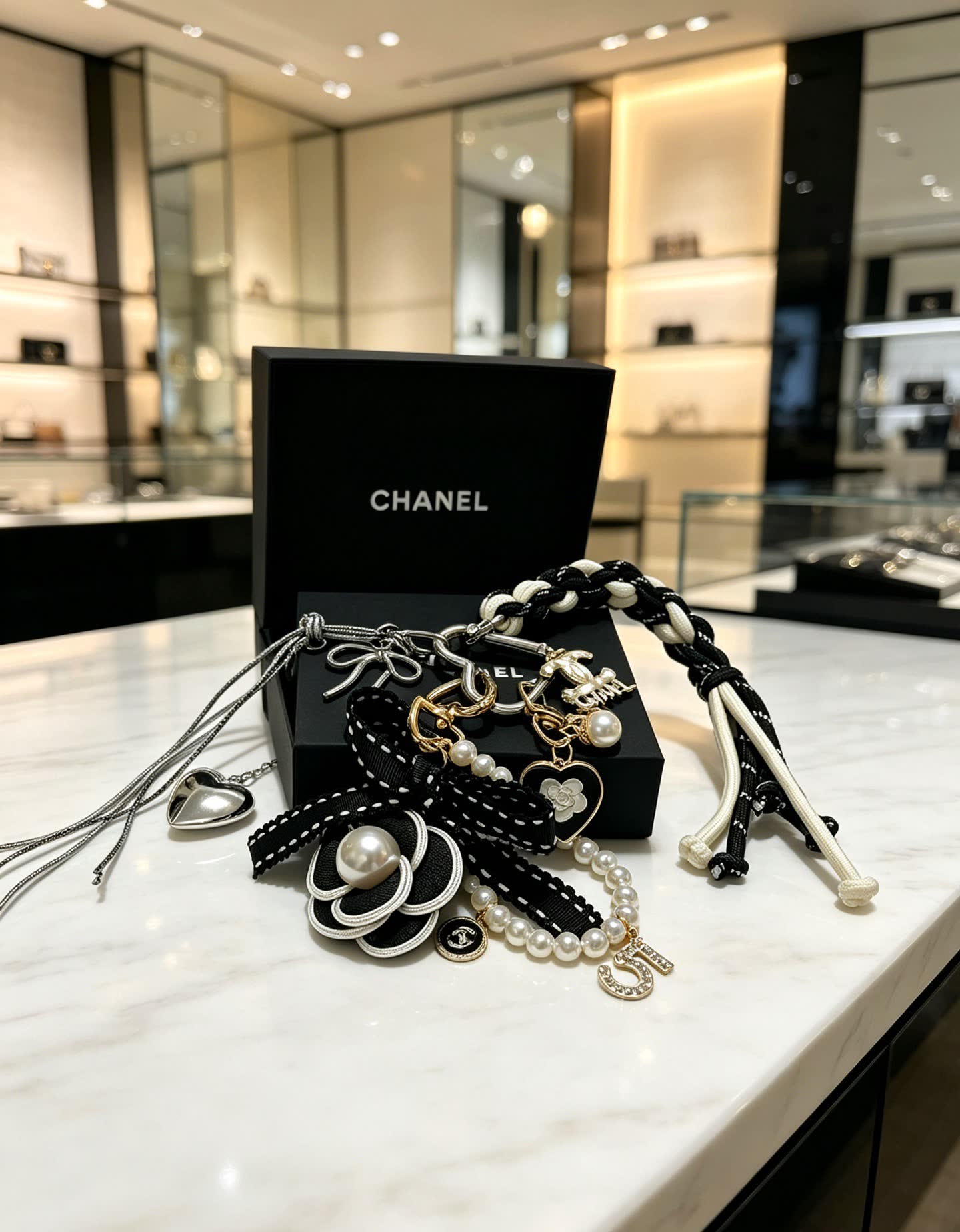 Chanel Black and White Braided Charm Bracelet
