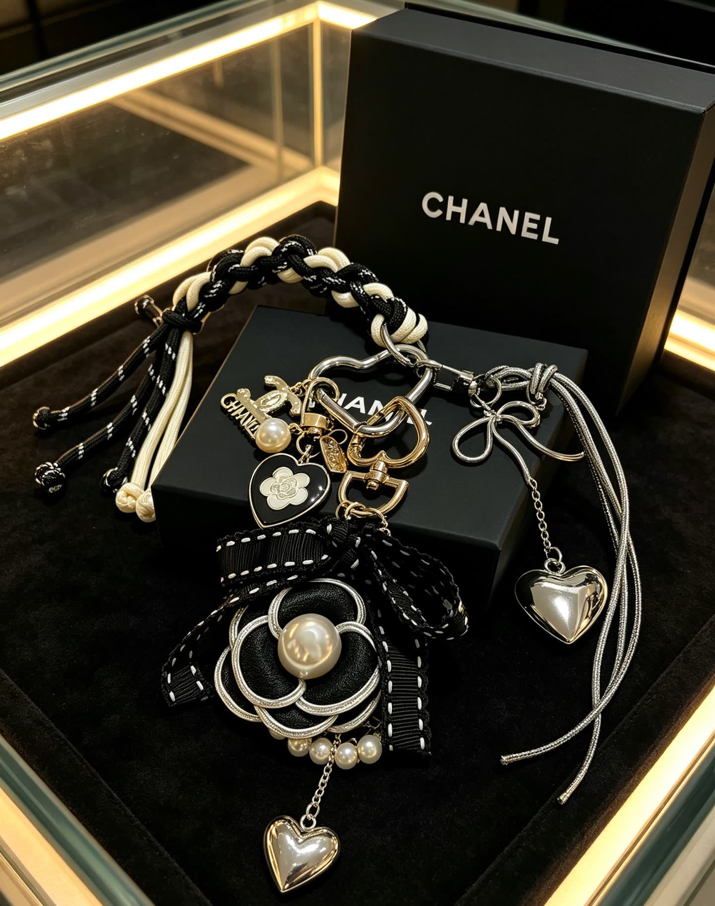 Chanel Black and White Braided Charm Bracelet