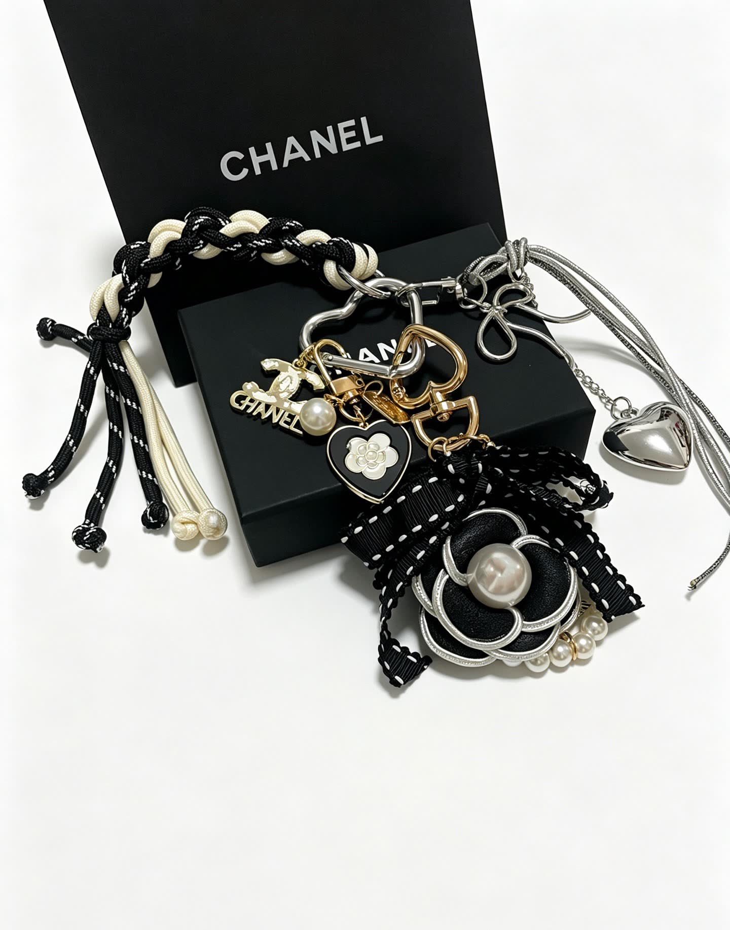 Chanel Black and White Braided Charm Bracelet