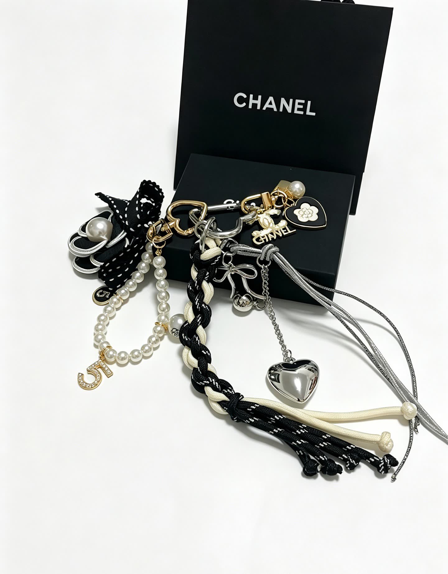 Chanel Black and White Braided Charm Bracelet