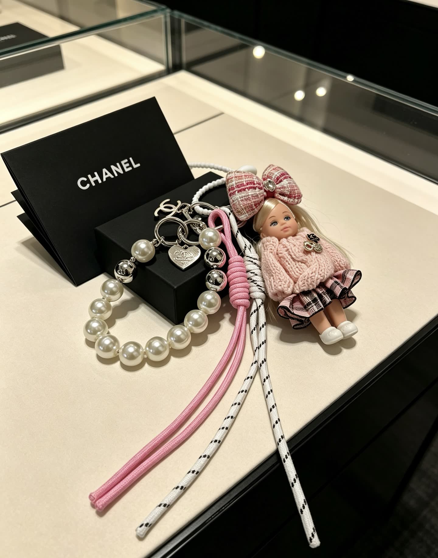 Chanel Pearl Charm Bracelet with Doll Keychain