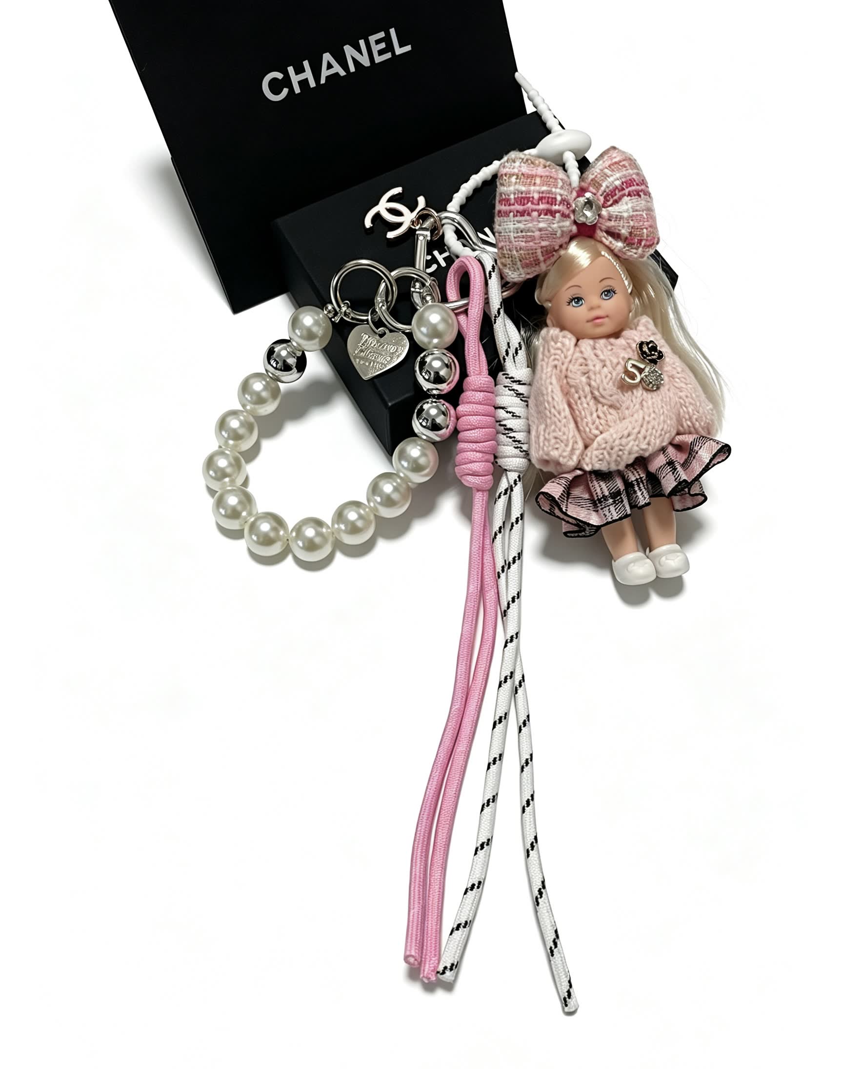 Chanel Pearl Charm Bracelet with Doll Keychain