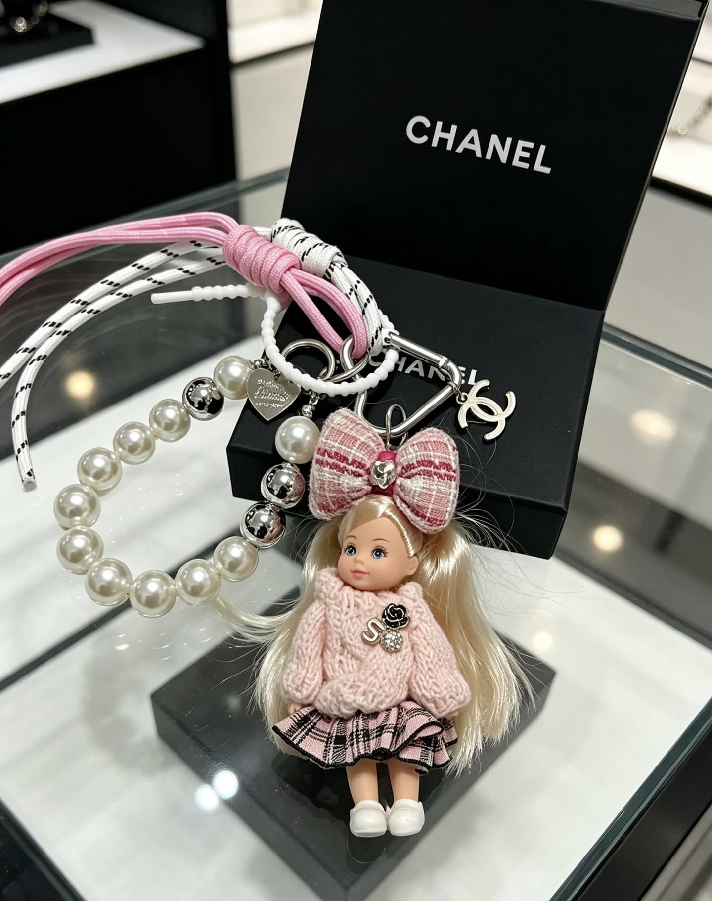 Chanel Pearl Charm Bracelet with Doll Keychain