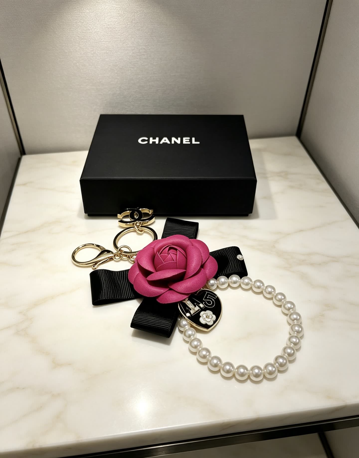 Chanel Pink Rose Keychain with Pearl Bracelet