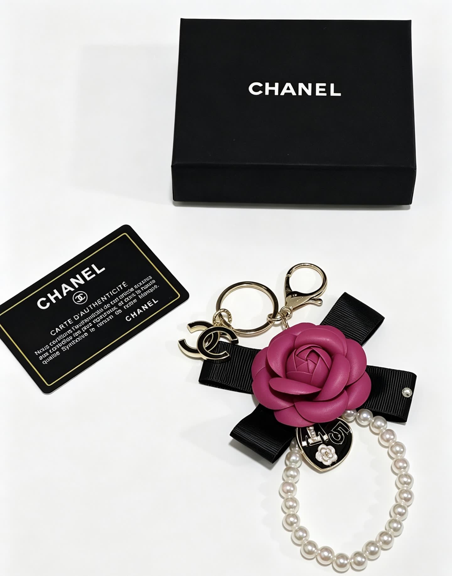 Chanel Pink Rose Keychain with Pearl Bracelet