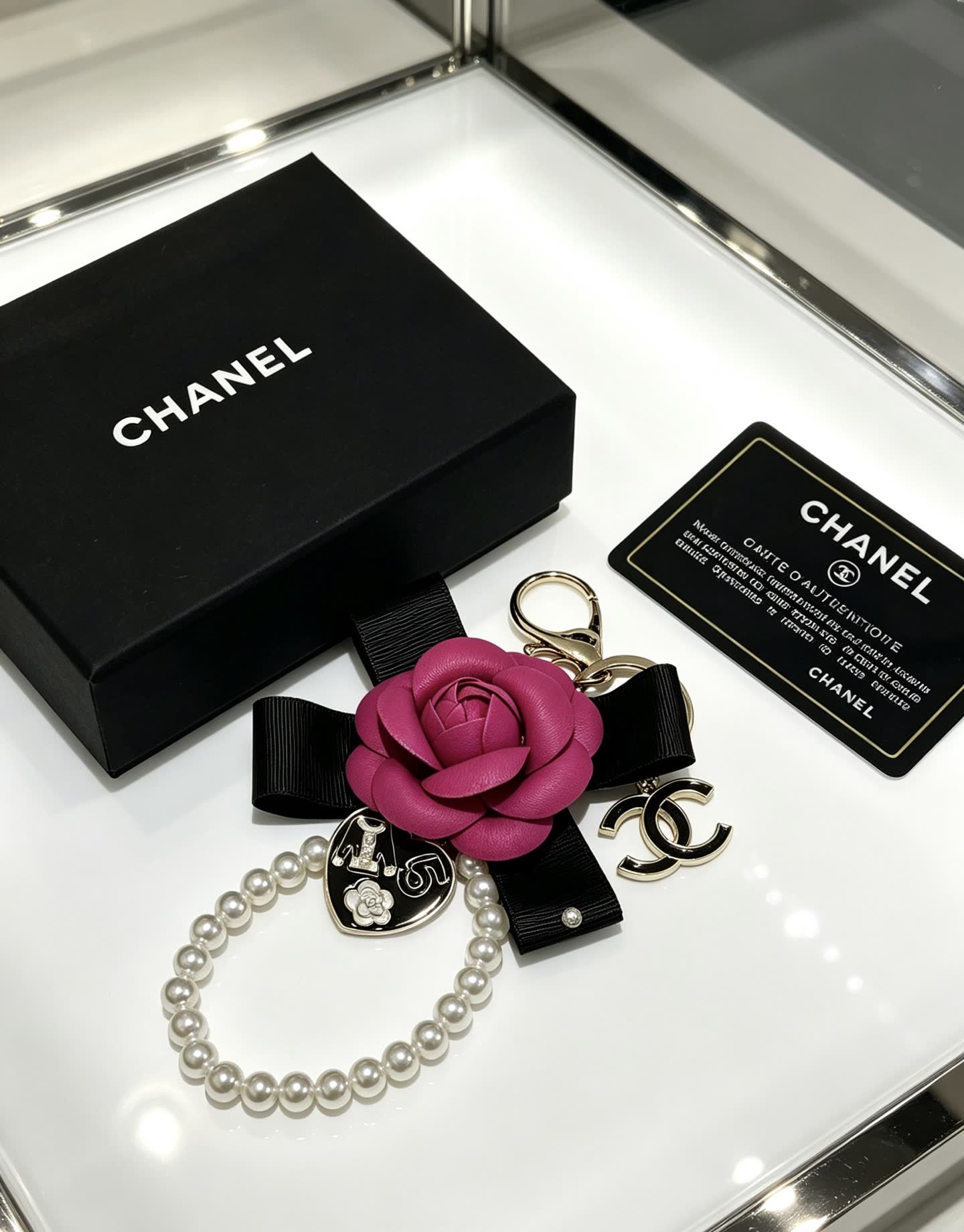 Chanel Pink Rose Keychain with Pearl Bracelet