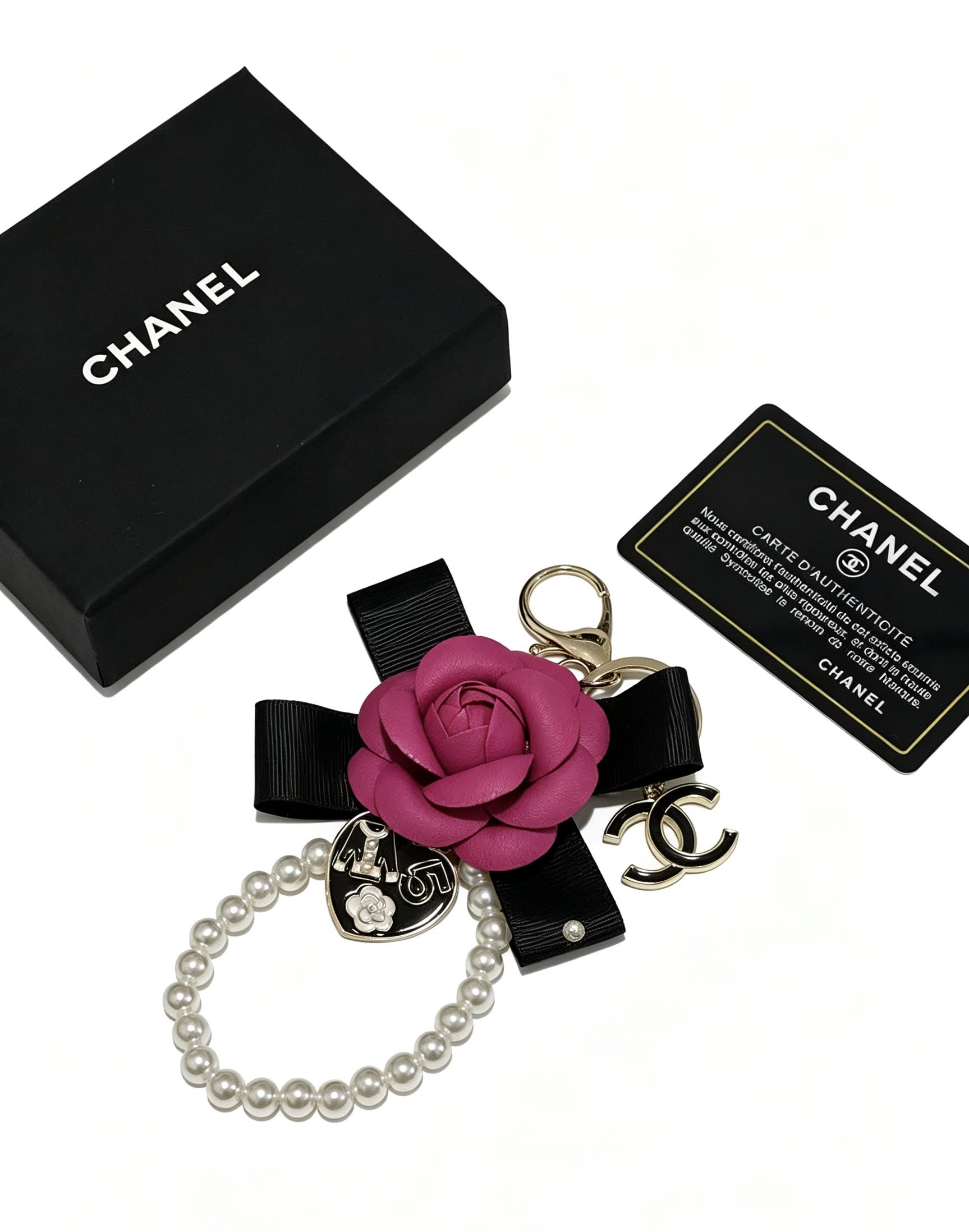 Chanel Pink Rose Keychain with Pearl Bracelet