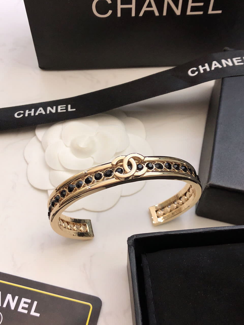 Chanel CC Logo Bracelet with Black Stones