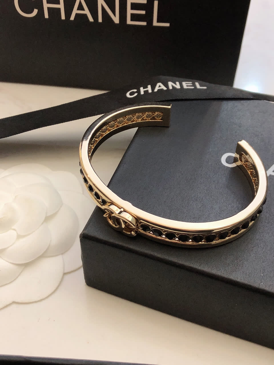 Chanel CC Logo Bracelet with Black Stones
