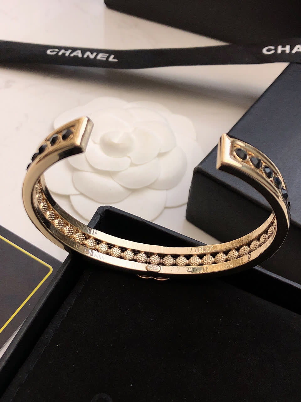 Chanel CC Logo Bracelet with Black Stones