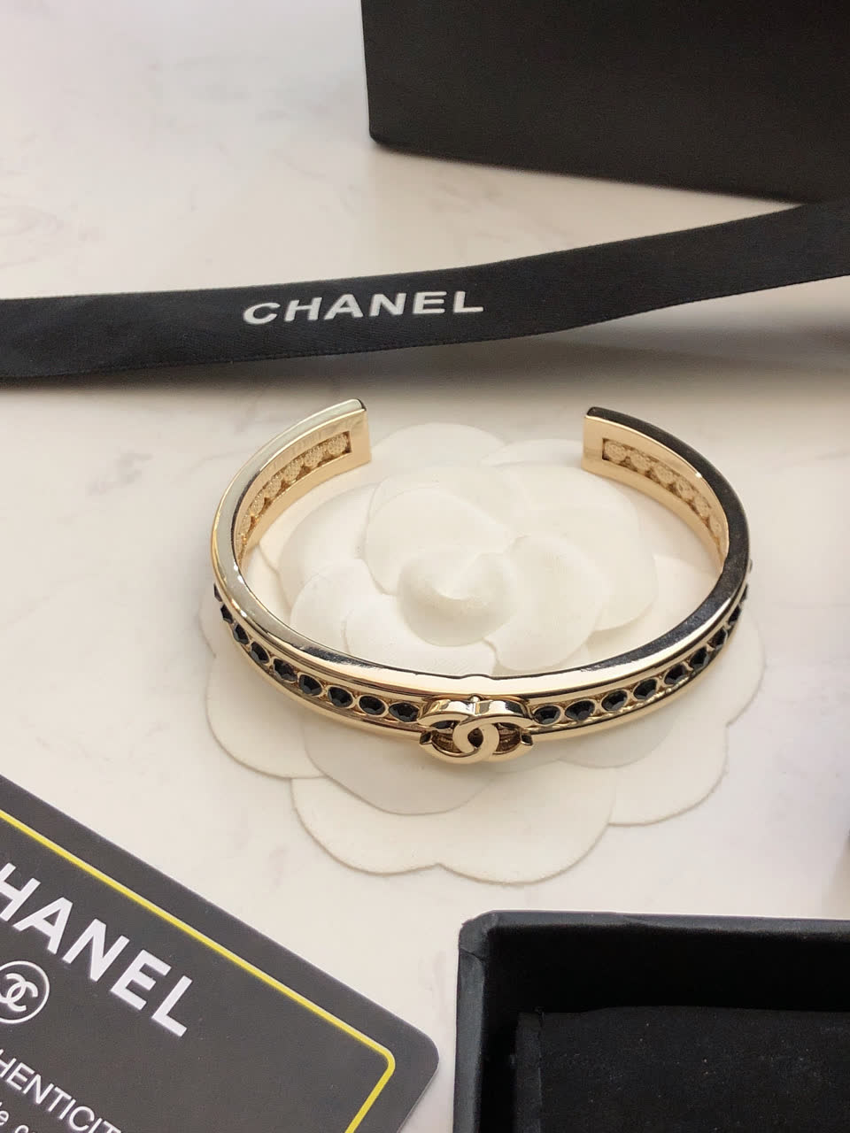 Chanel CC Logo Bracelet with Black Stones