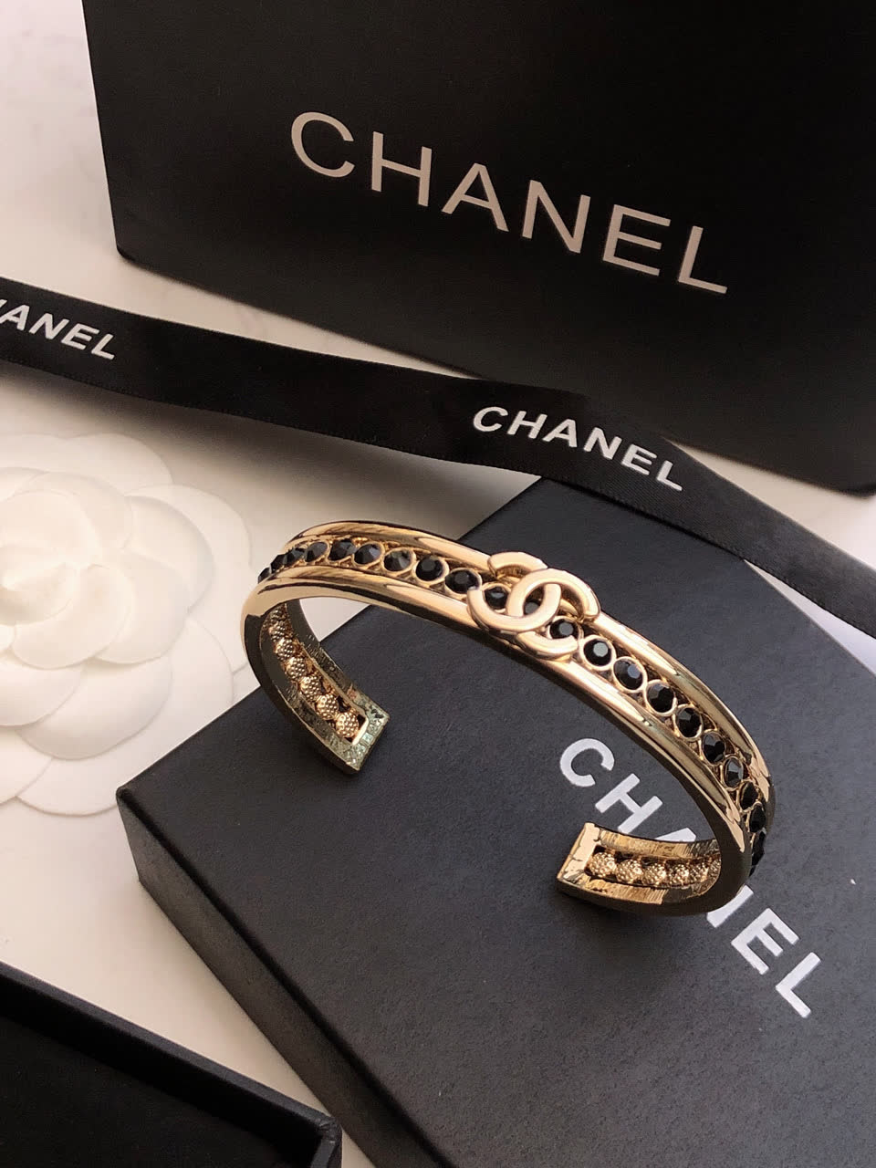 Chanel CC Logo Bracelet with Black Stones