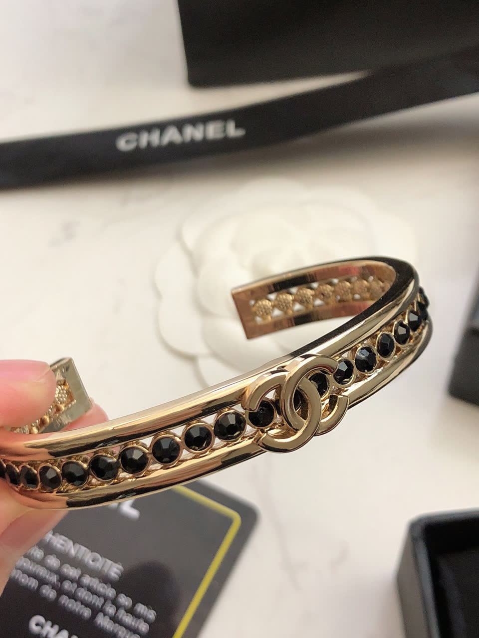 Chanel CC Logo Bracelet with Black Stones
