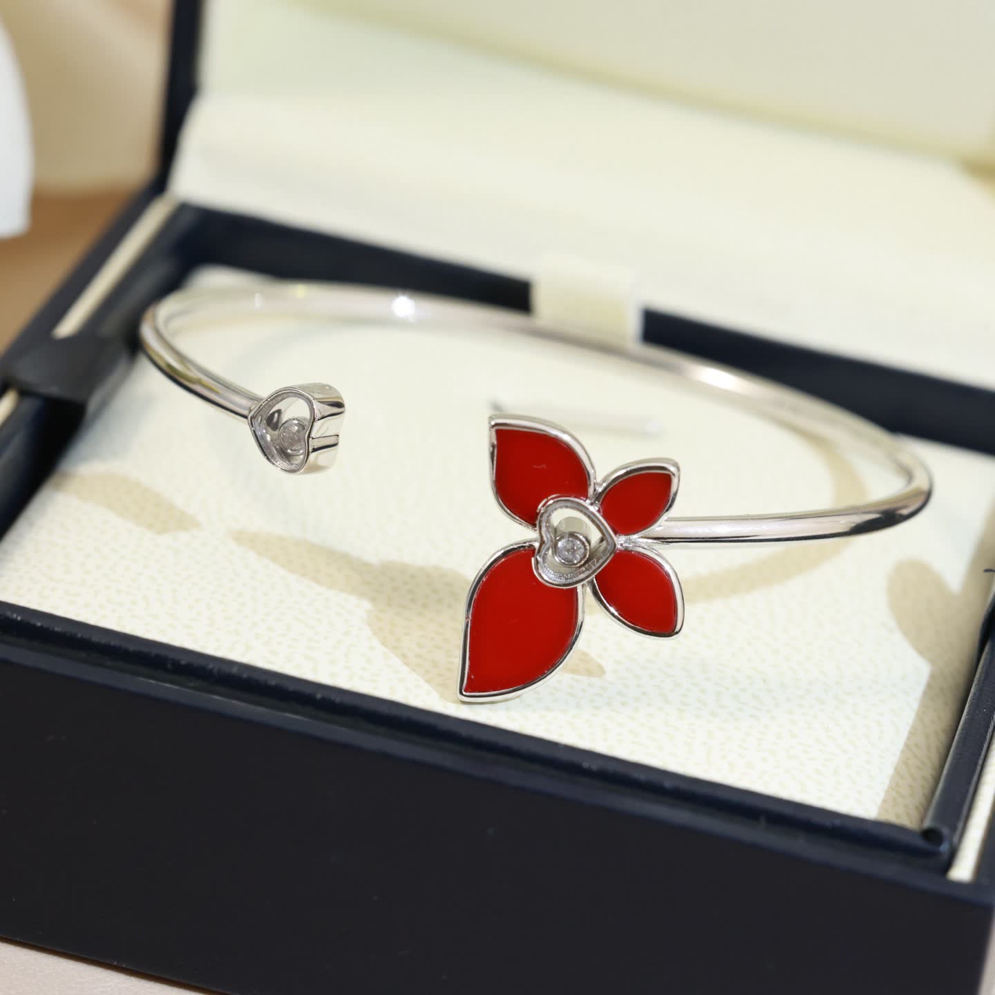 Chopard Silver Red Flower Bangle Bracelet