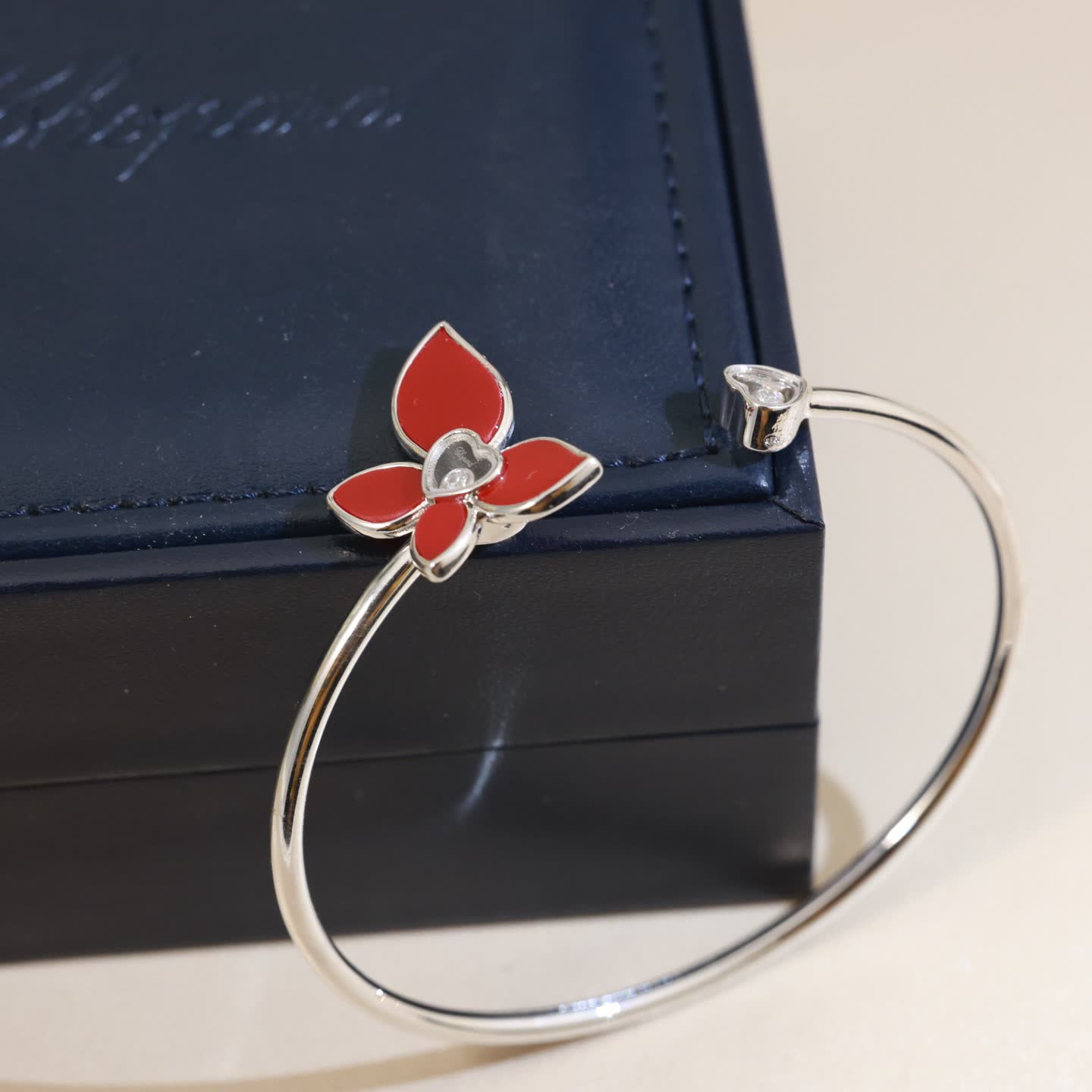 Chopard Silver Red Flower Bangle Bracelet