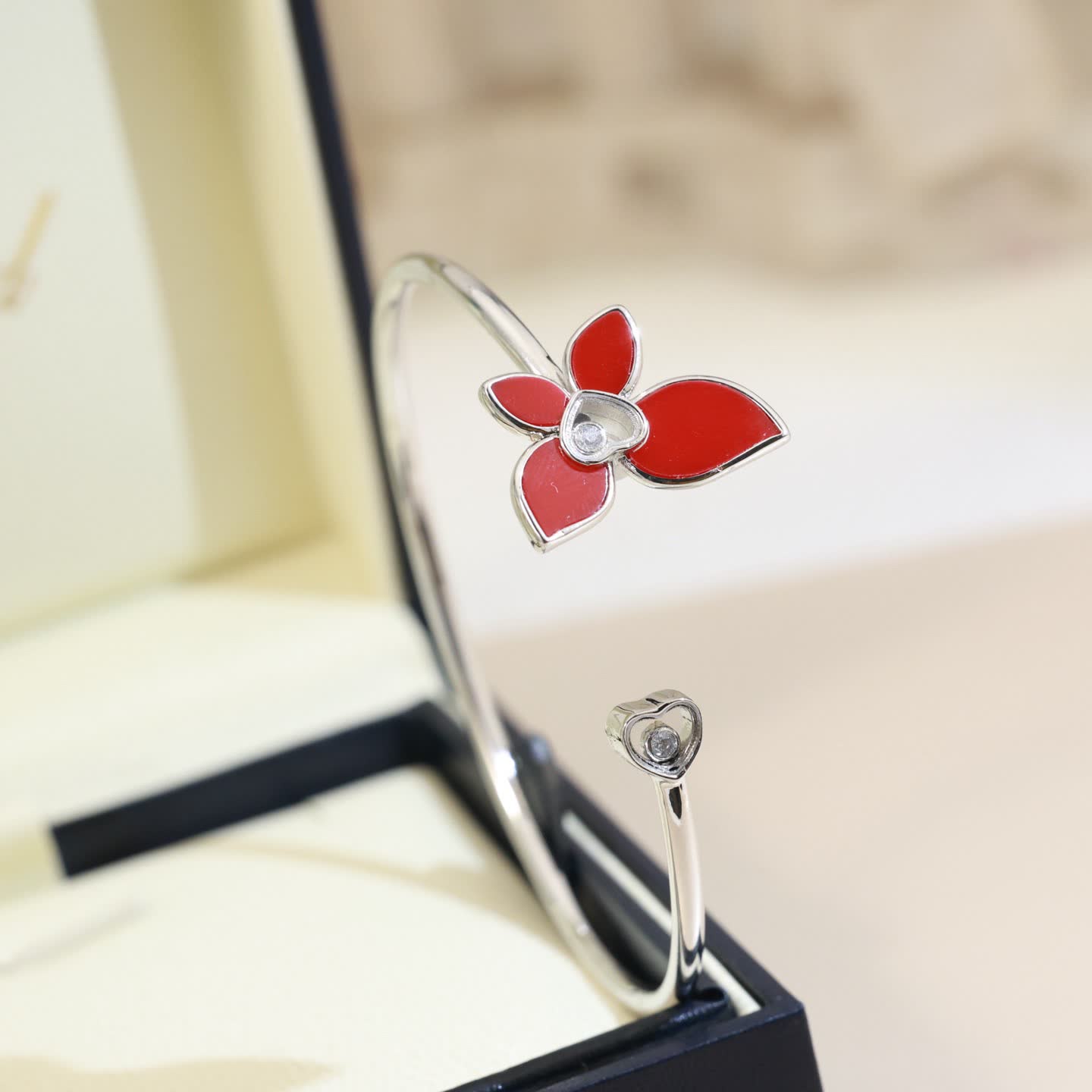 Chopard Silver Red Flower Bangle Bracelet