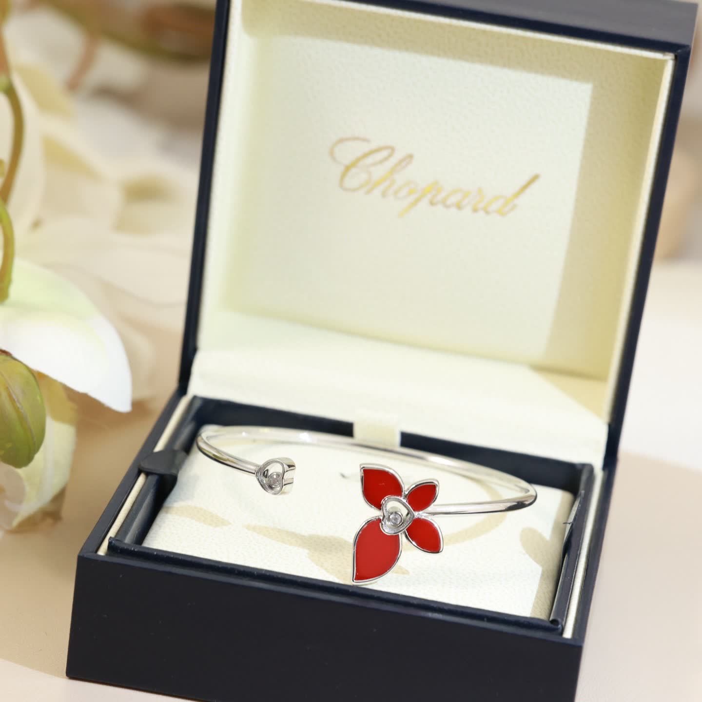 Chopard Silver Red Flower Bangle Bracelet