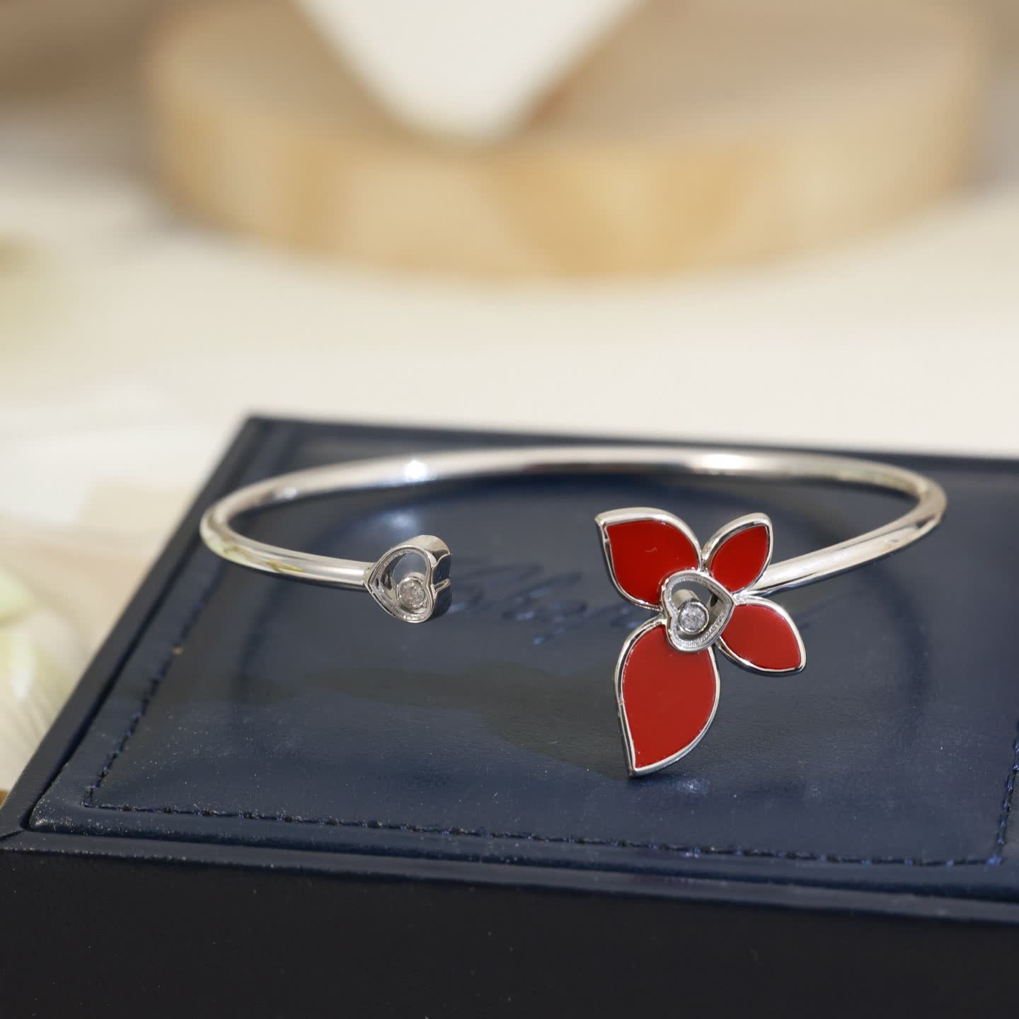 Chopard Silver Red Flower Bangle Bracelet