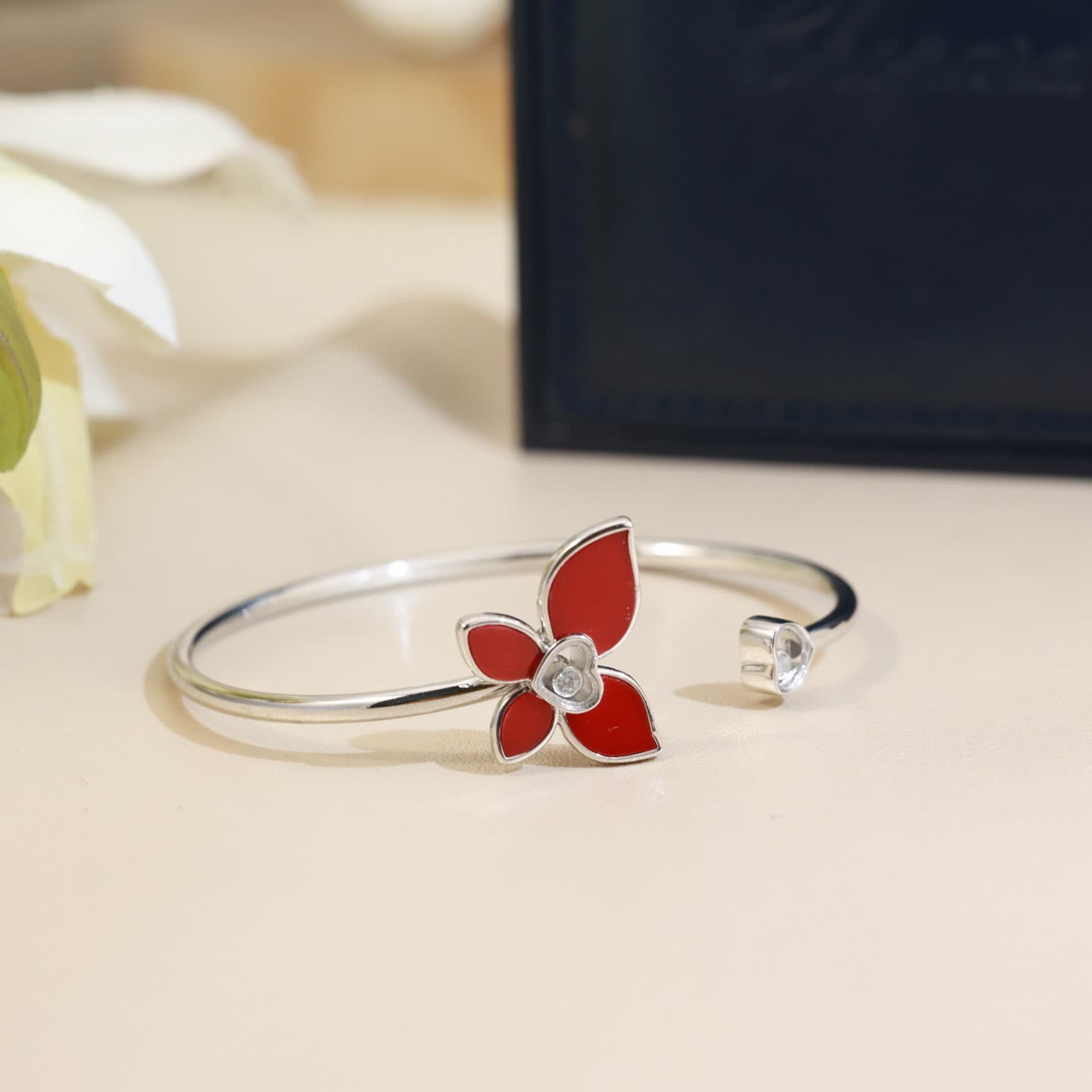 Chopard Silver Red Flower Bangle Bracelet