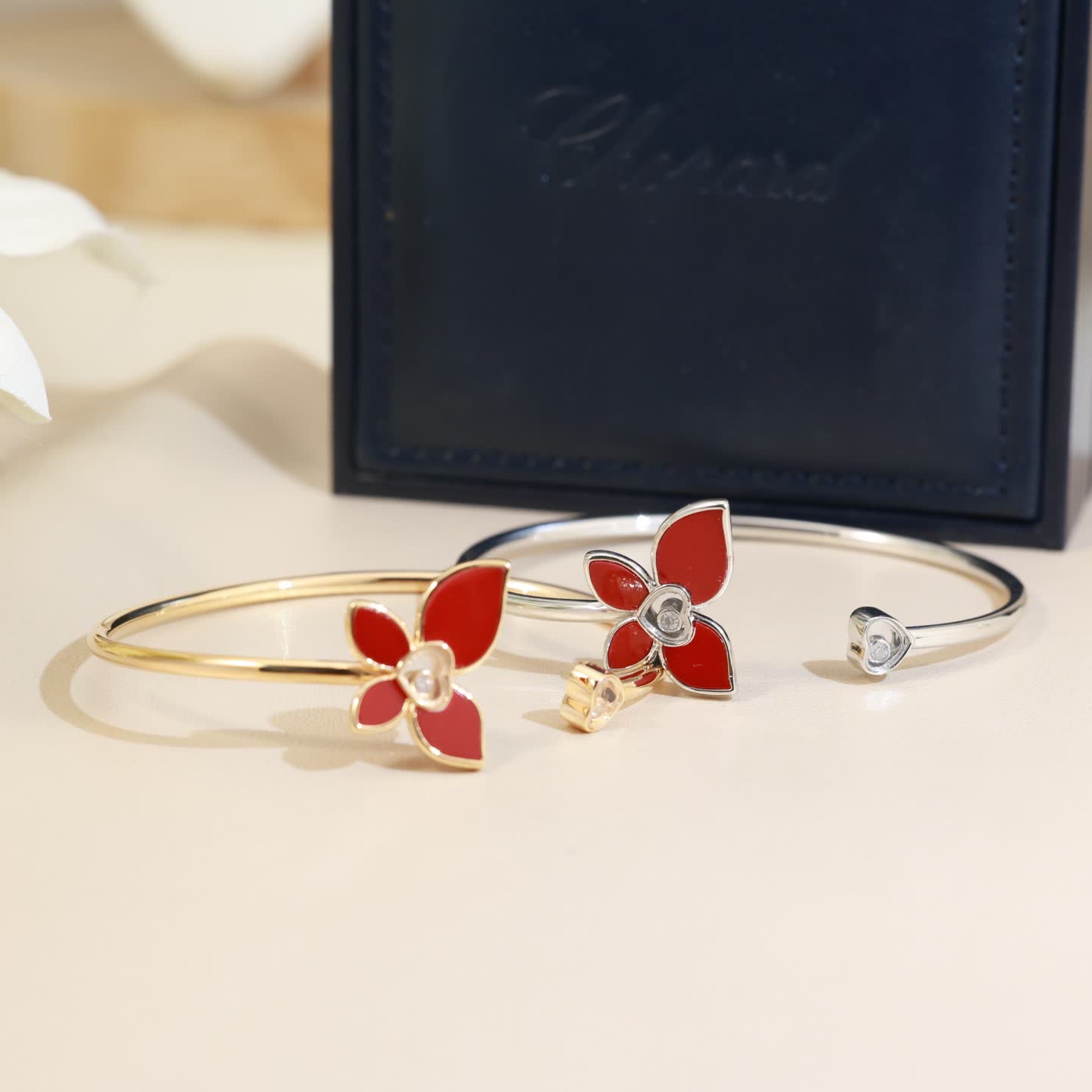 Chopard Silver Red Flower Bangle Bracelet