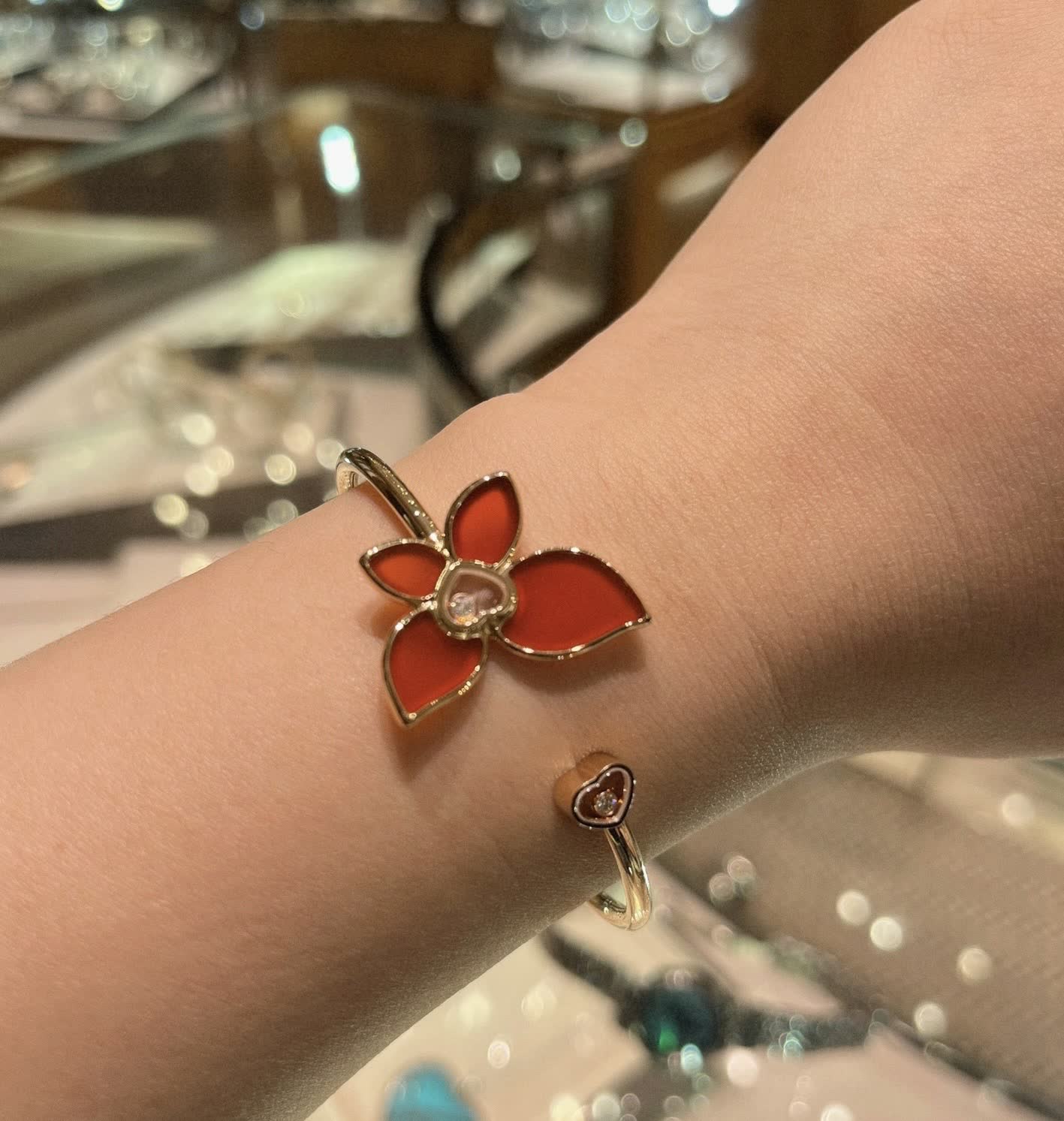 Chopard Silver Red Flower Bangle Bracelet