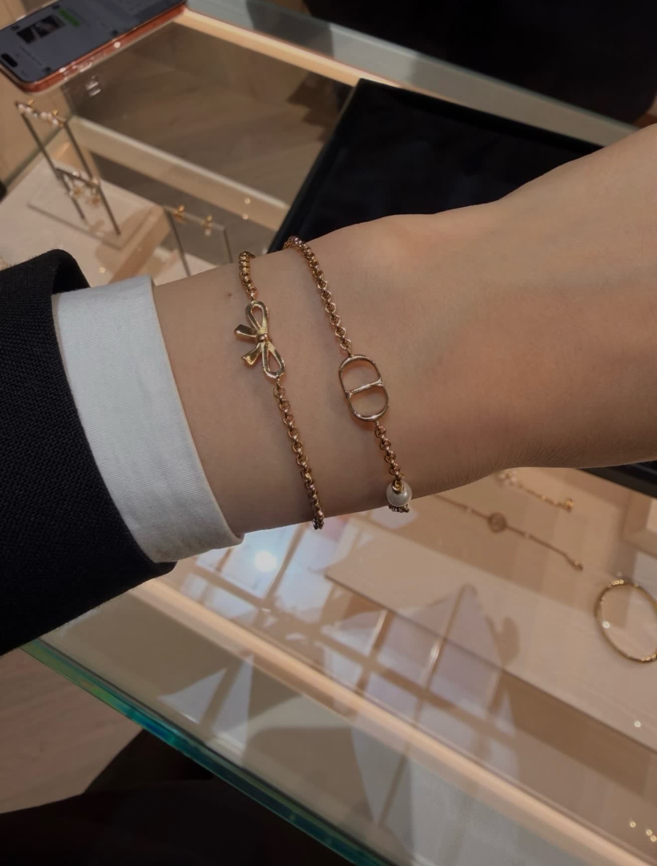 Dior Gold Tone Double Chain Bracelet with Pearl and Bow