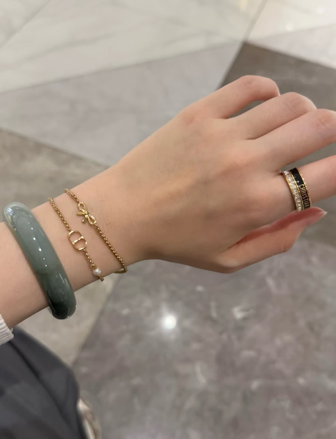 Dior Gold Tone Double Chain Bracelet with Pearl and Bow
