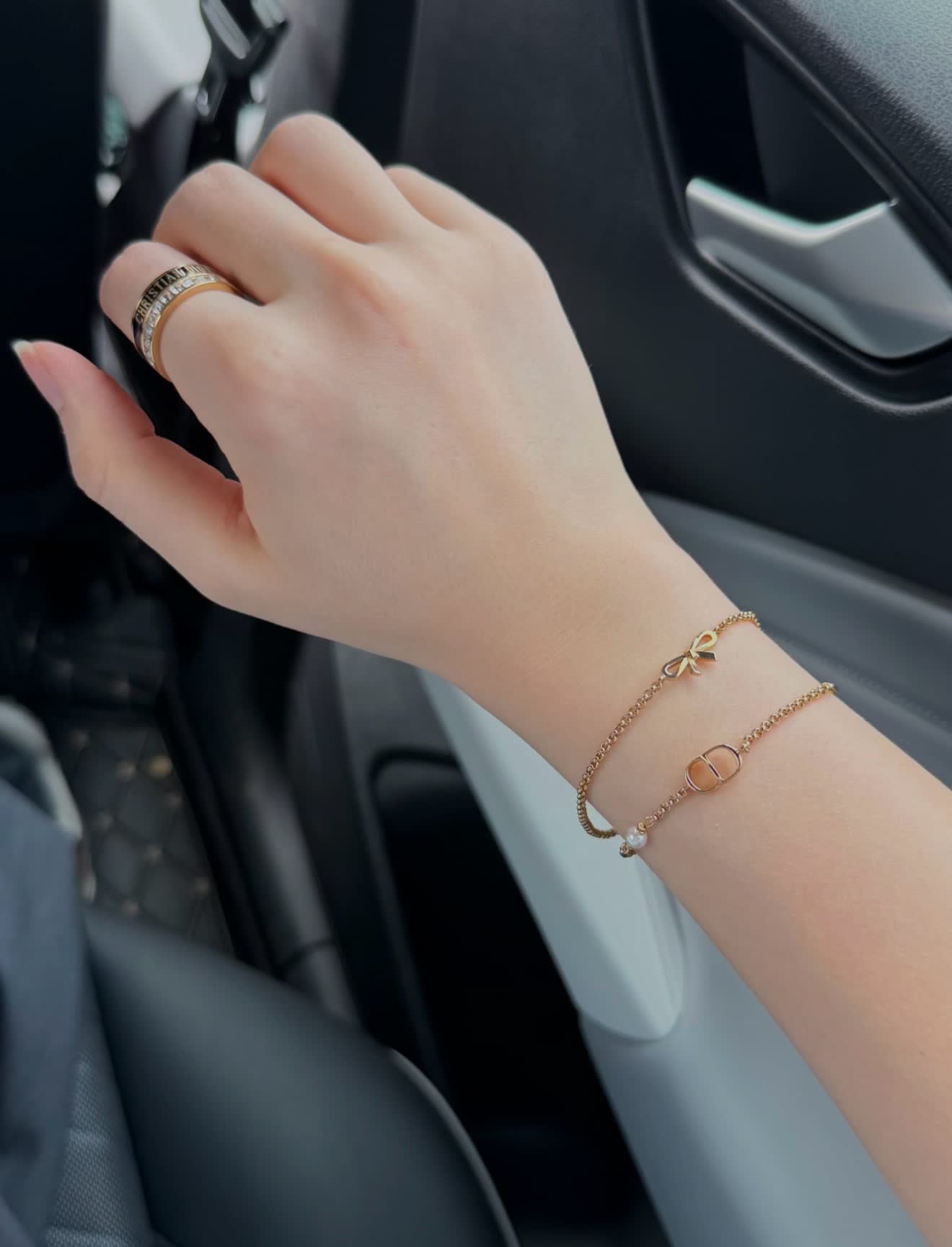 Dior Gold Tone Double Chain Bracelet with Pearl and Bow