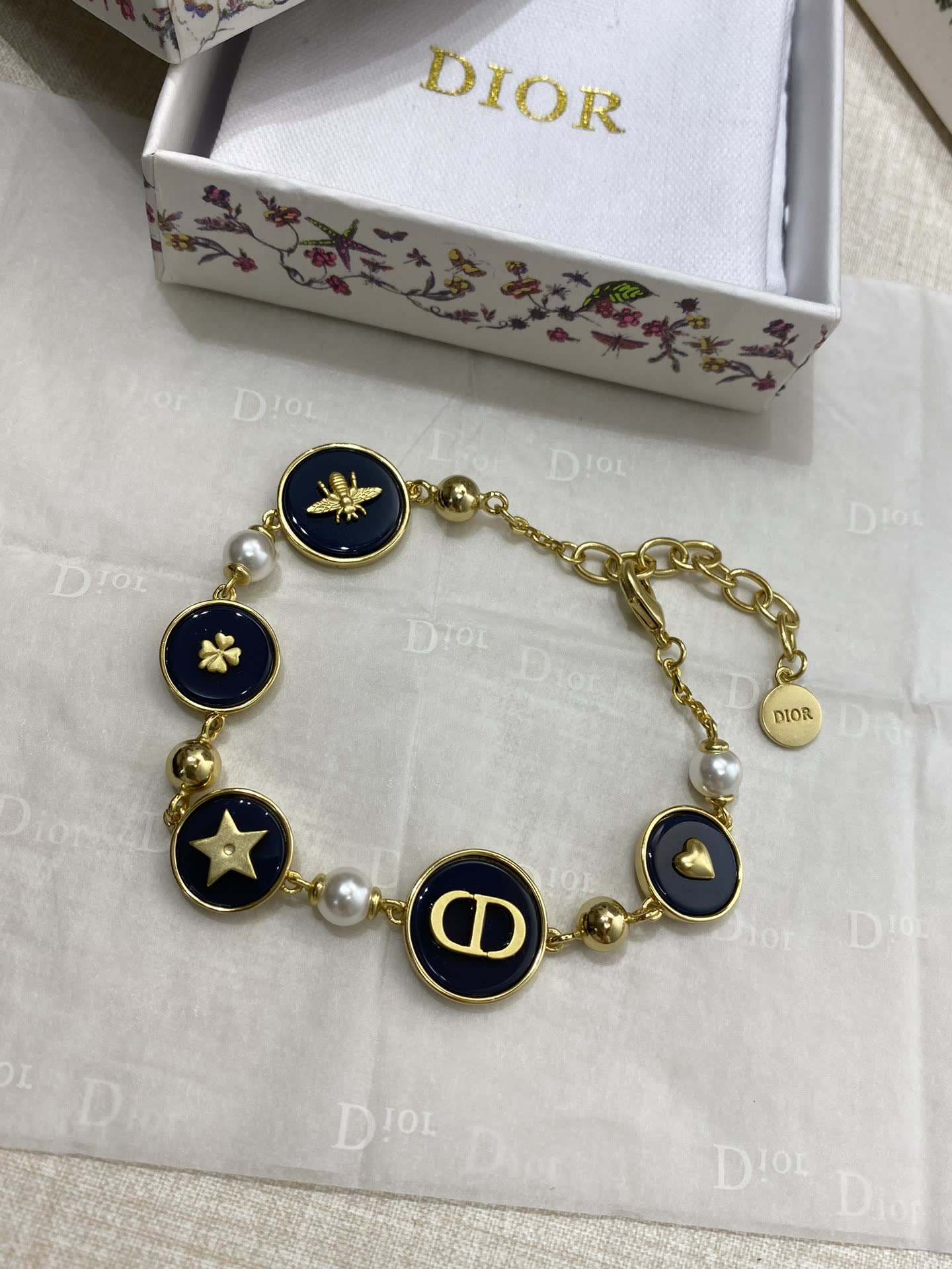 Dior Gold Tone Bracelet with Enamel and Pearl Accents