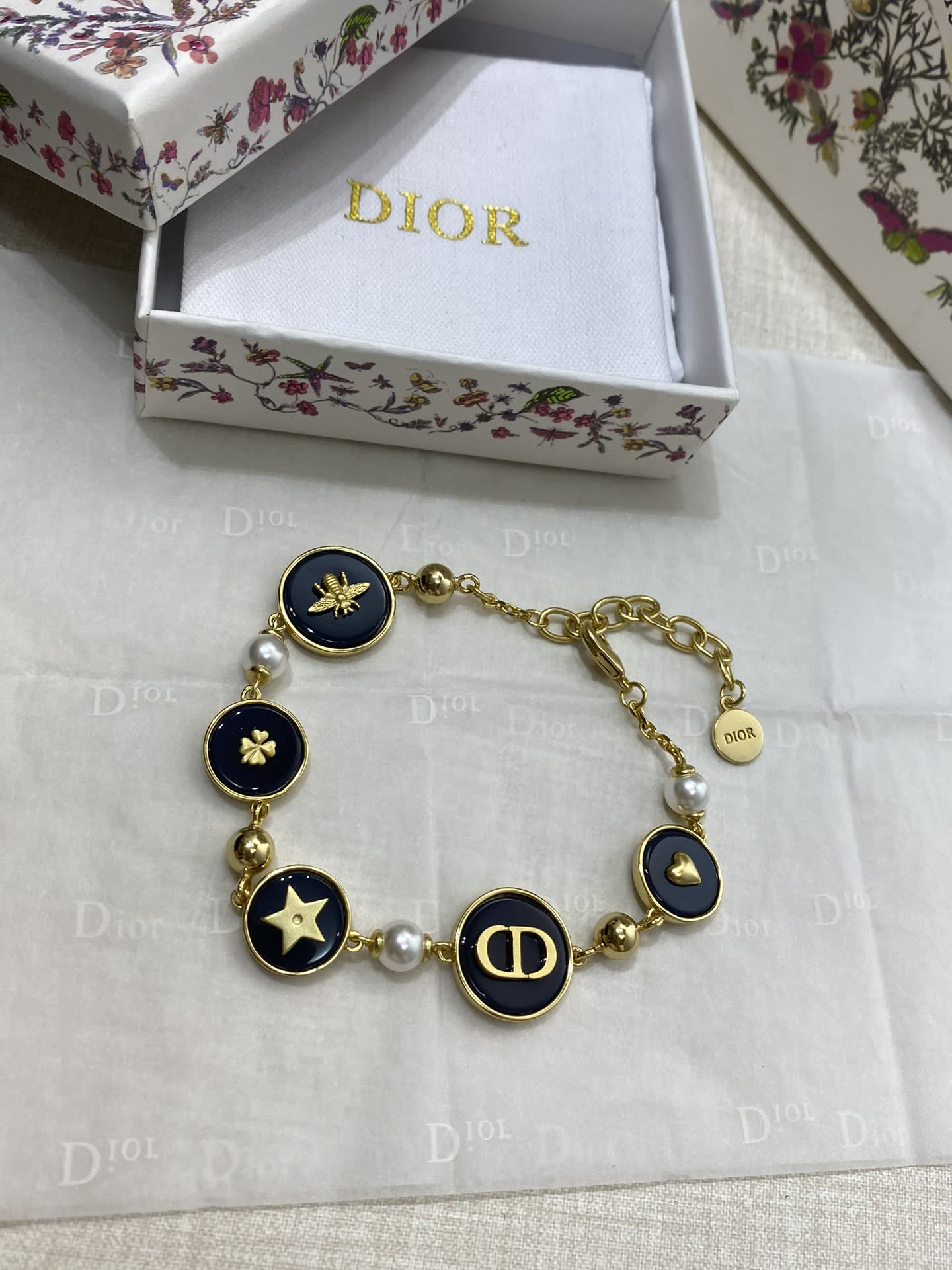 Dior Gold Tone Bracelet with Enamel and Pearl Accents