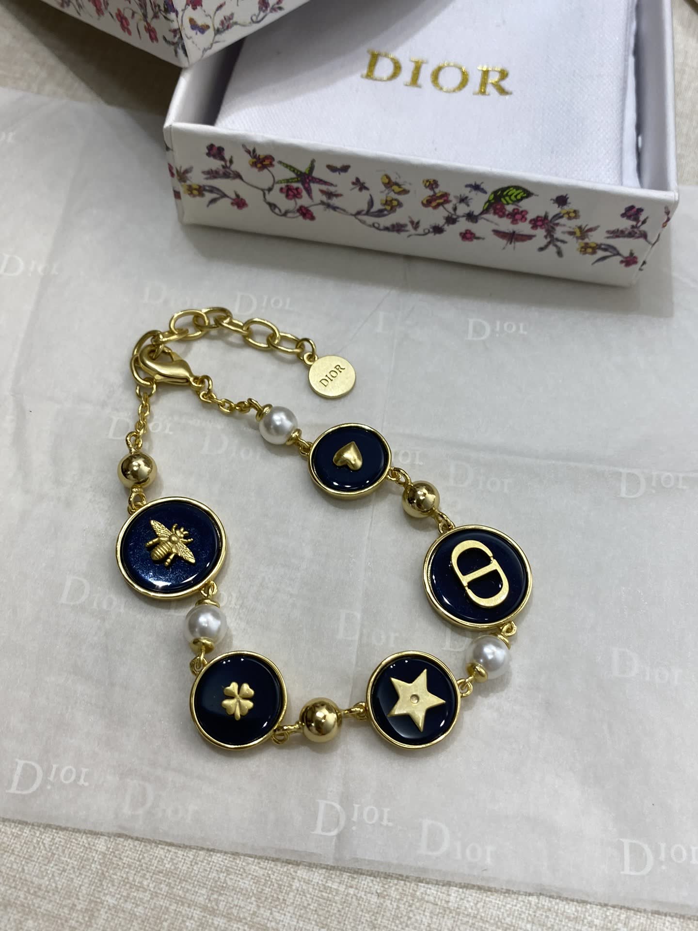 Dior Gold Tone Bracelet with Enamel and Pearl Accents
