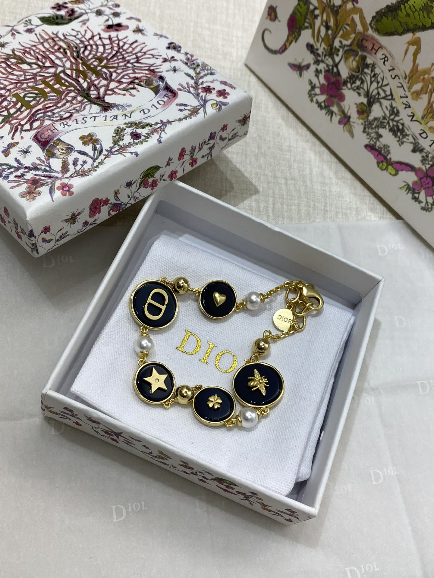 Dior Gold Tone Bracelet with Enamel and Pearl Accents