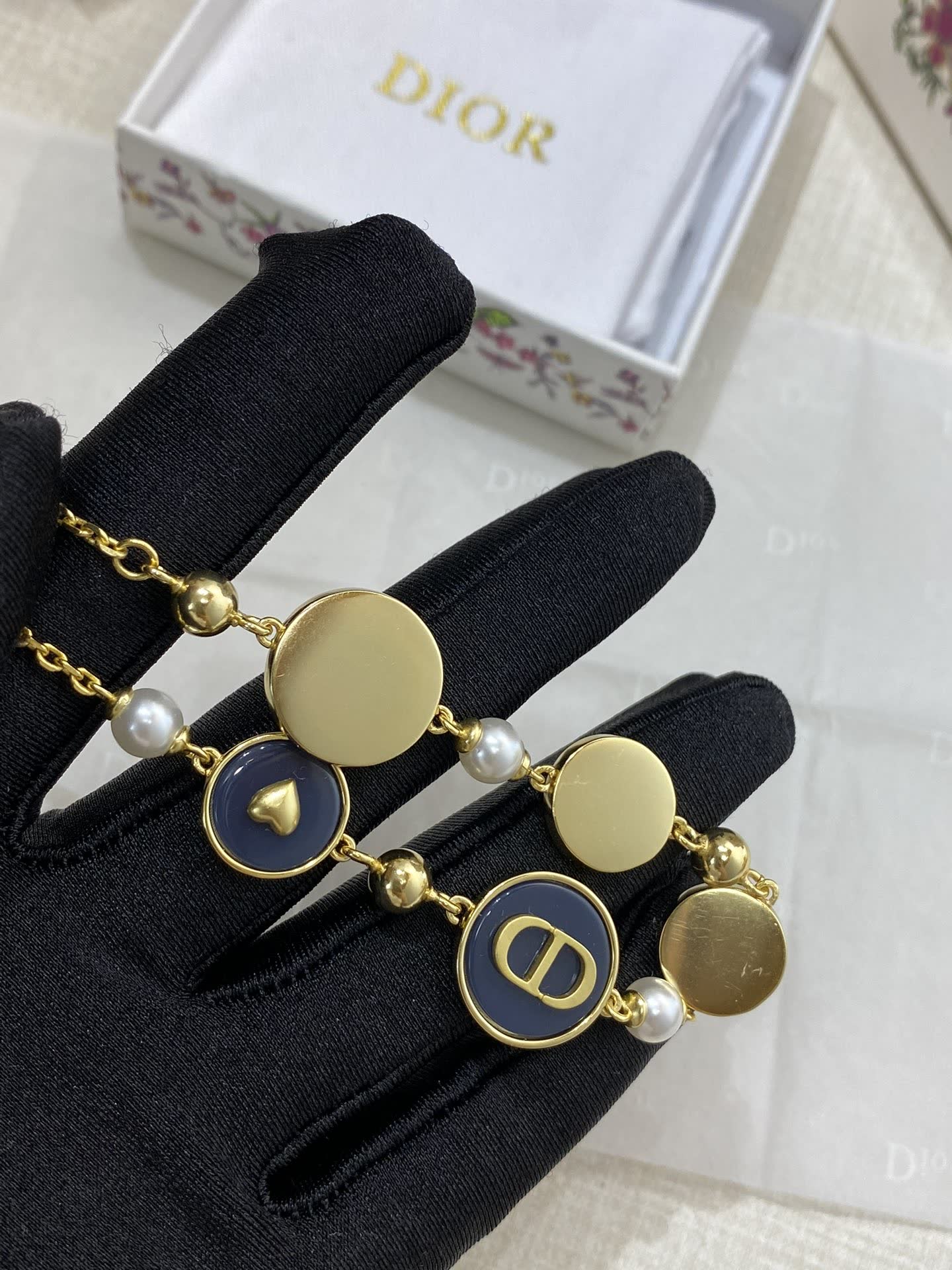 Dior Gold Tone Bracelet with Enamel and Pearl Accents