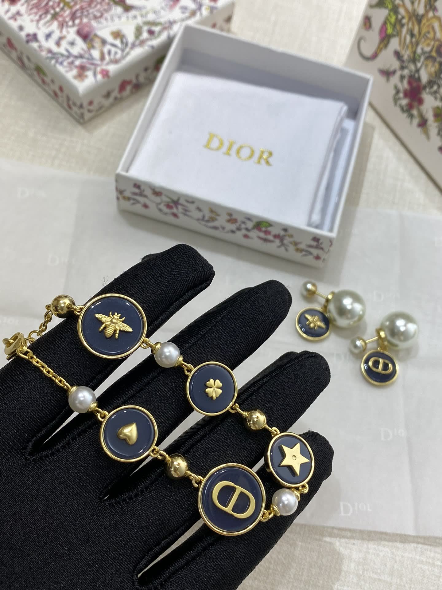 Dior Gold Tone Bracelet with Enamel and Pearl Accents