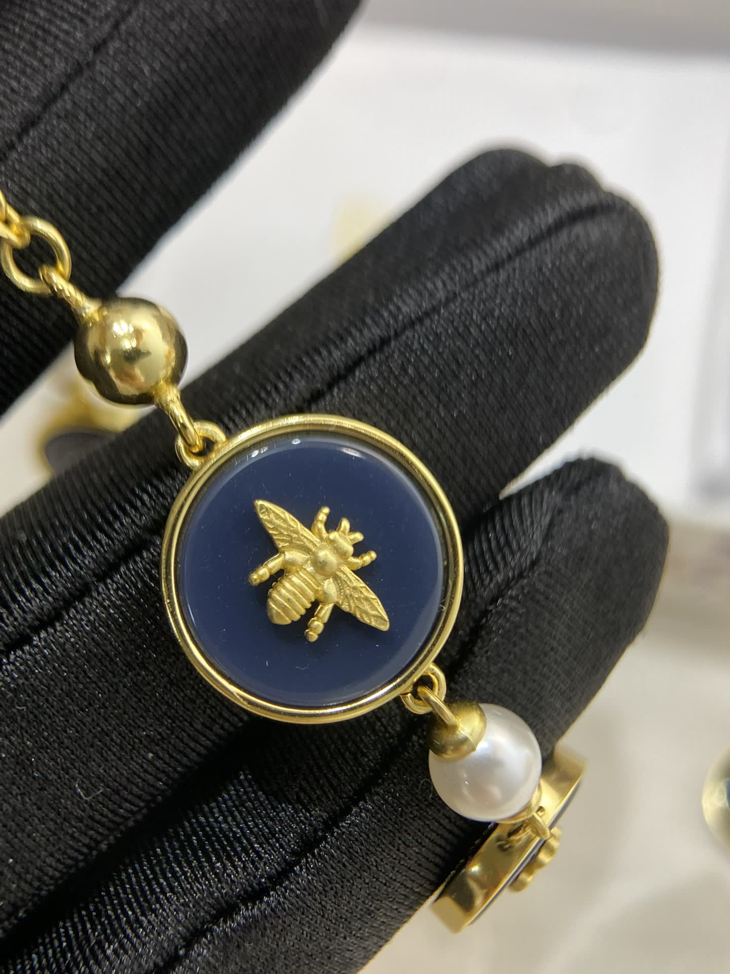 Dior Gold Tone Bracelet with Enamel and Pearl Accents