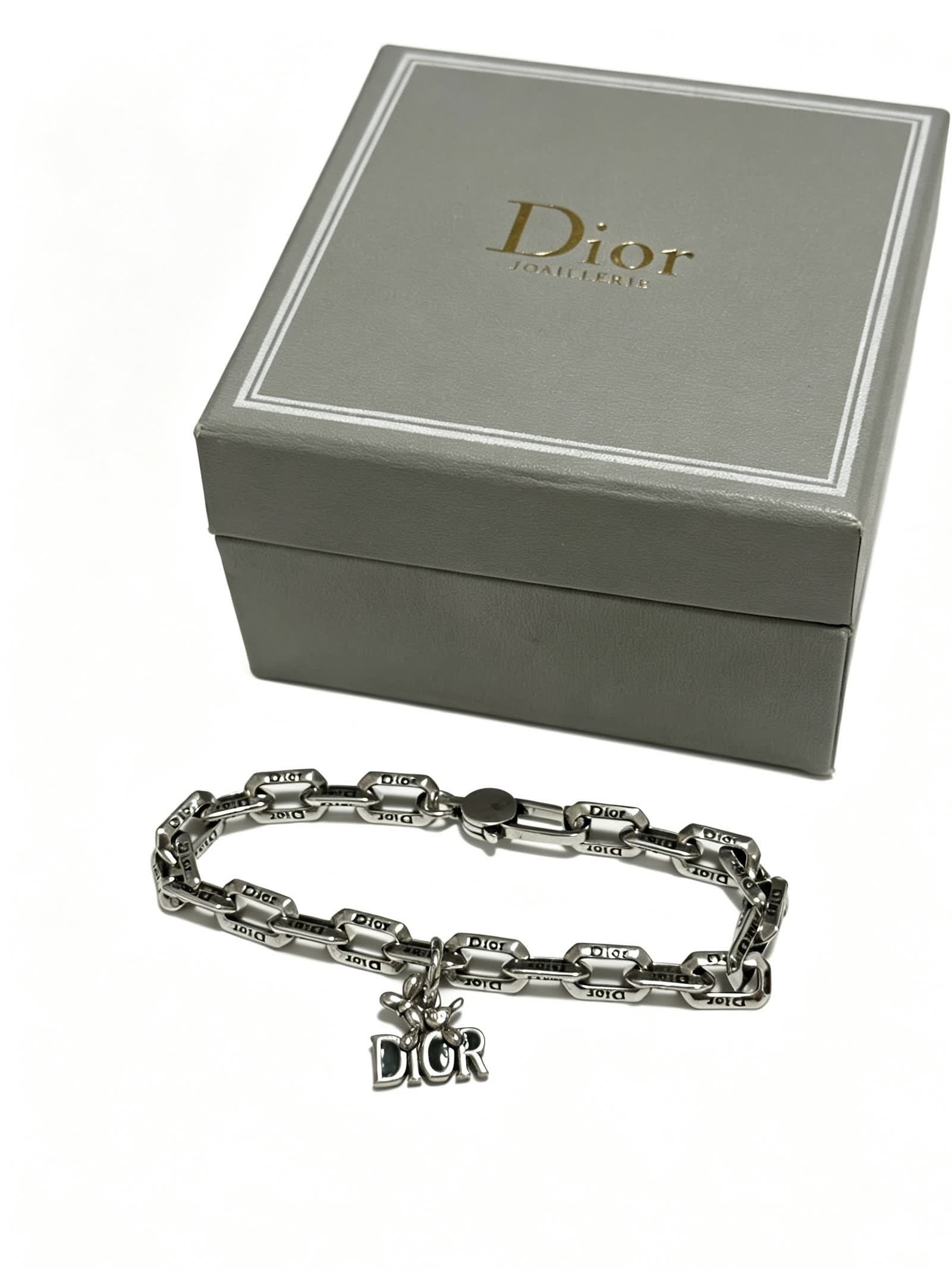 Dior Silver Tone Bracelet with Logo Charm